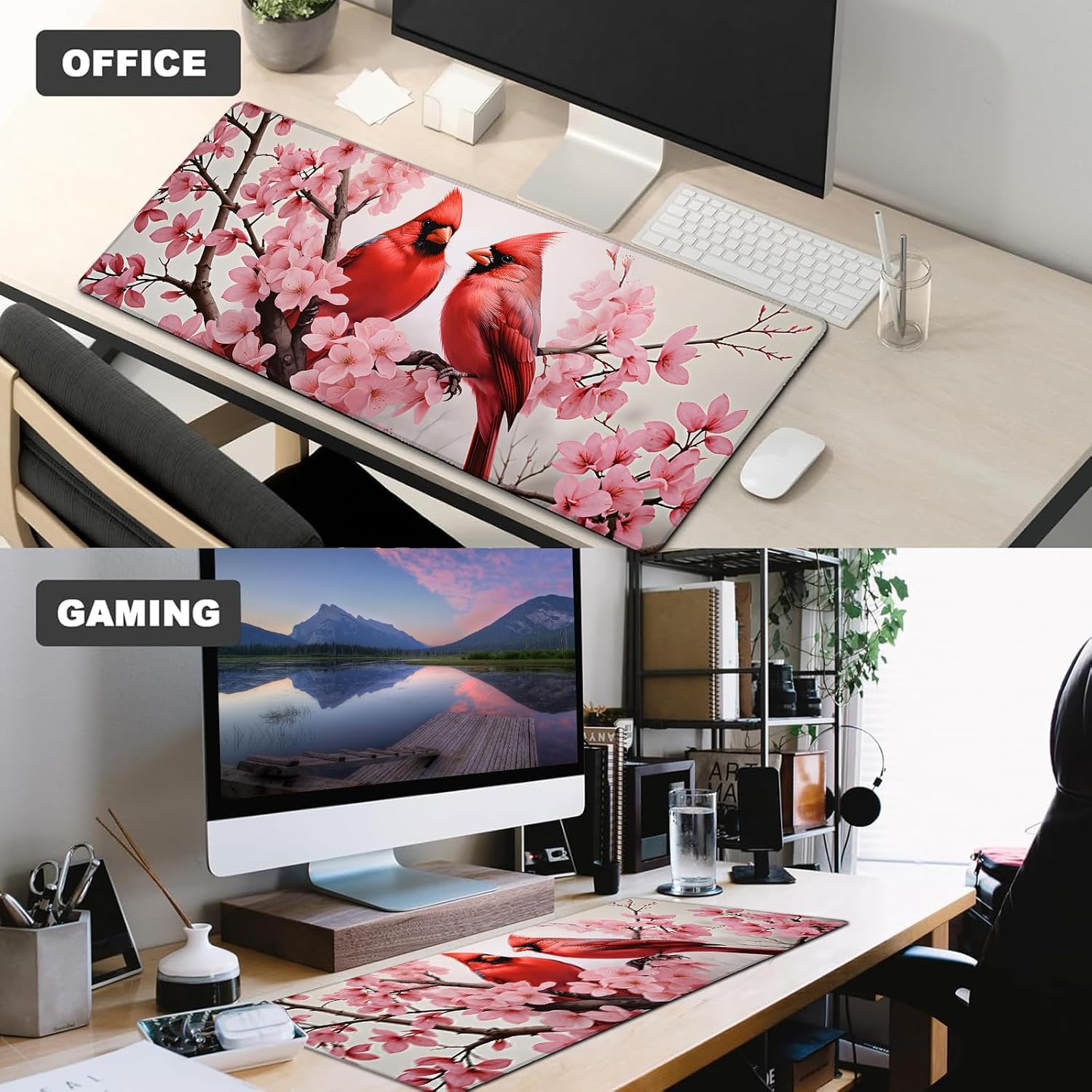Red Cardinal Gaming Mouse Pad,12x31.5in Non-Slip Rubber Bird Flower Branch Desk Mat,Large Extended Pink Floral Birds Mousepad for Office Home Laptop,Mice Pads Gifts,Game Lover Deskmat Decor