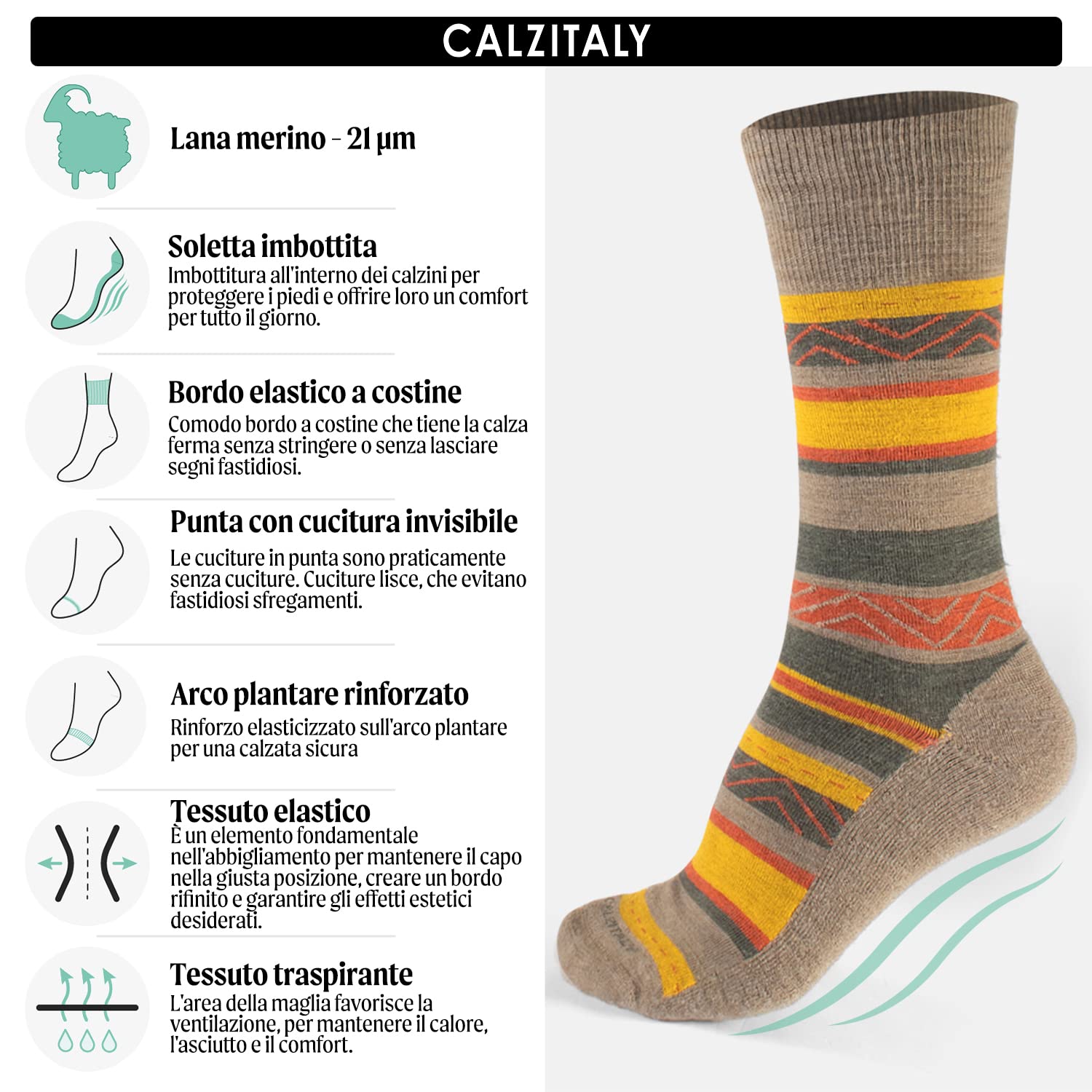 CALZITALY 3 Paia di Calze in Lana Merino con Fantasia a Strisce | Blu, Beige, Nero | 35/38, 39/42, 43/46 | Made in Italy