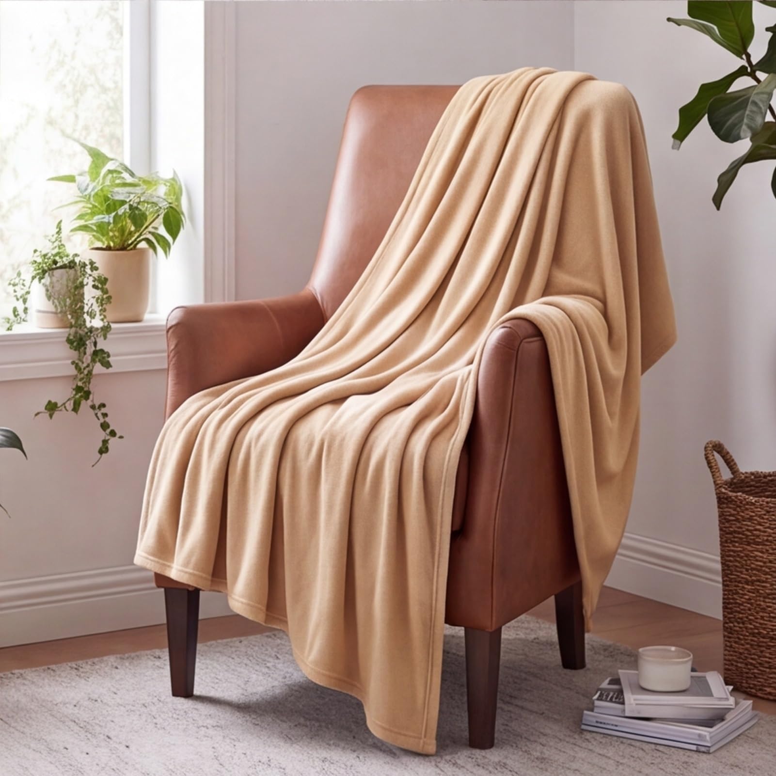 YXRS Fleece Throw Blanket 95 x 155 cm Polyester Fleece Throw Blanket for Sofa Soft Cosy Fluffy for Bed Settees Armchairs, Camel
