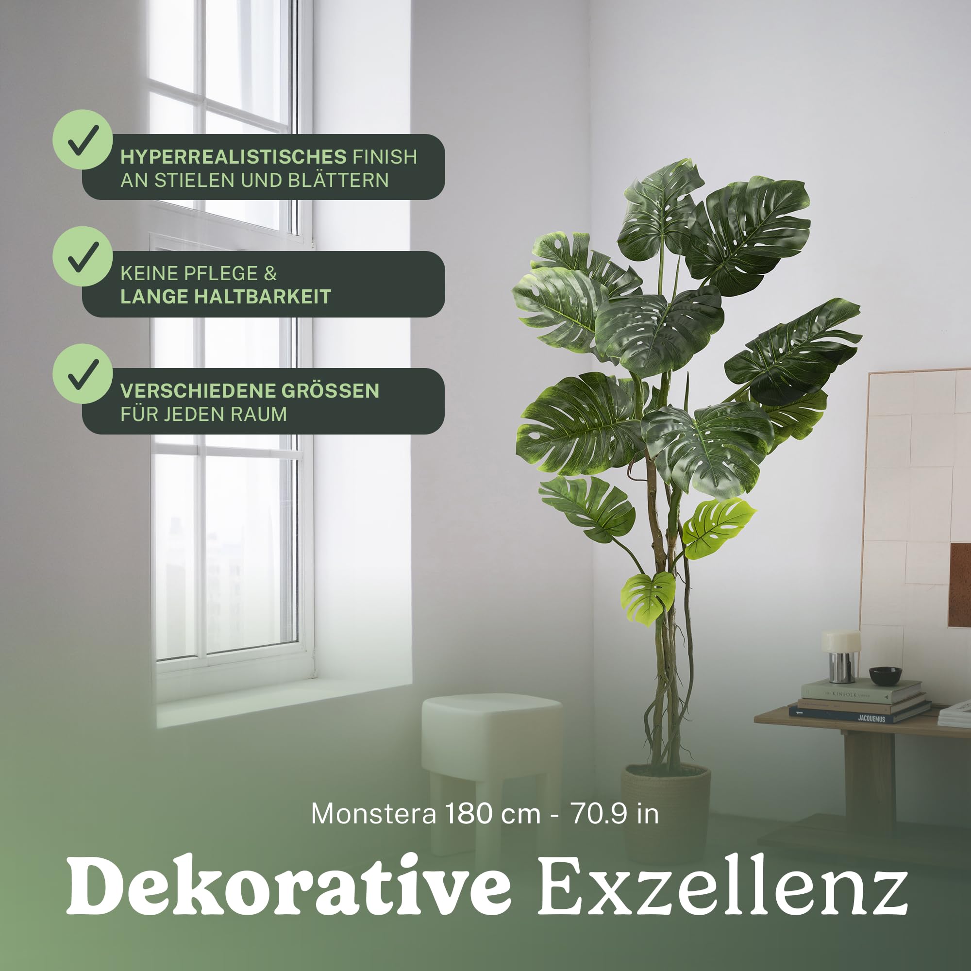 Maia Shop Monstera Künstlich 180 cm - Kunstpflanze wie Echt | Große Kunstpflanze mit Realistischen Blättern für Wohnzimmer Flur und Büro - Schwarzer Topf Inklusive