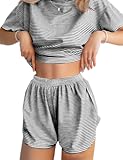 Womens Pajama Sets Shorts Striped Print Two Piece Lounge Sets Crew Neck Sleepwear Split Shorts Set Soft Pjs