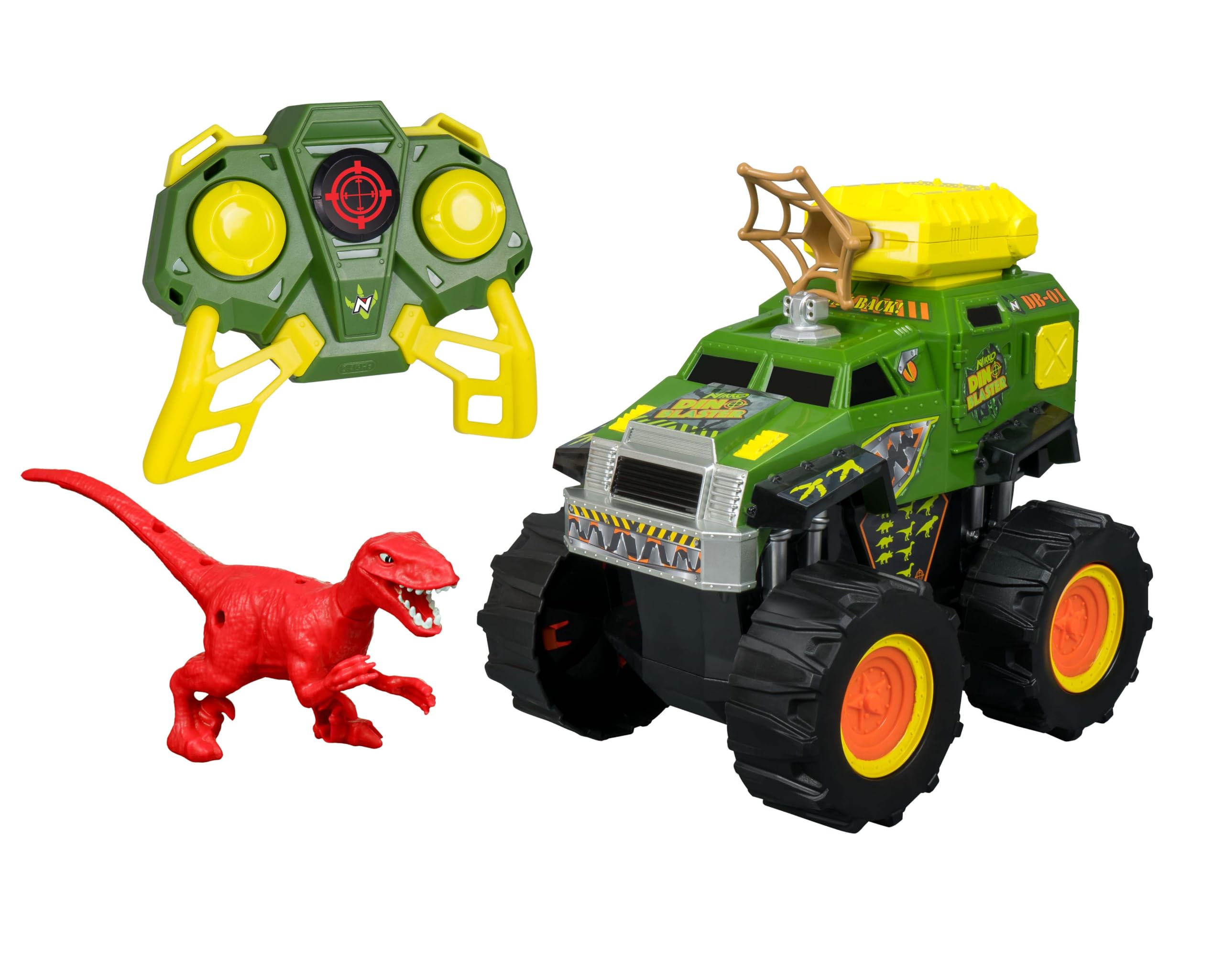 Nikko RC Dino Blaster Remote Control Car with Dinosaur and Net Launcher - 360 Degrees and Wheelies - 2.4GHz Dino Hunter Set with Dino Figure Included