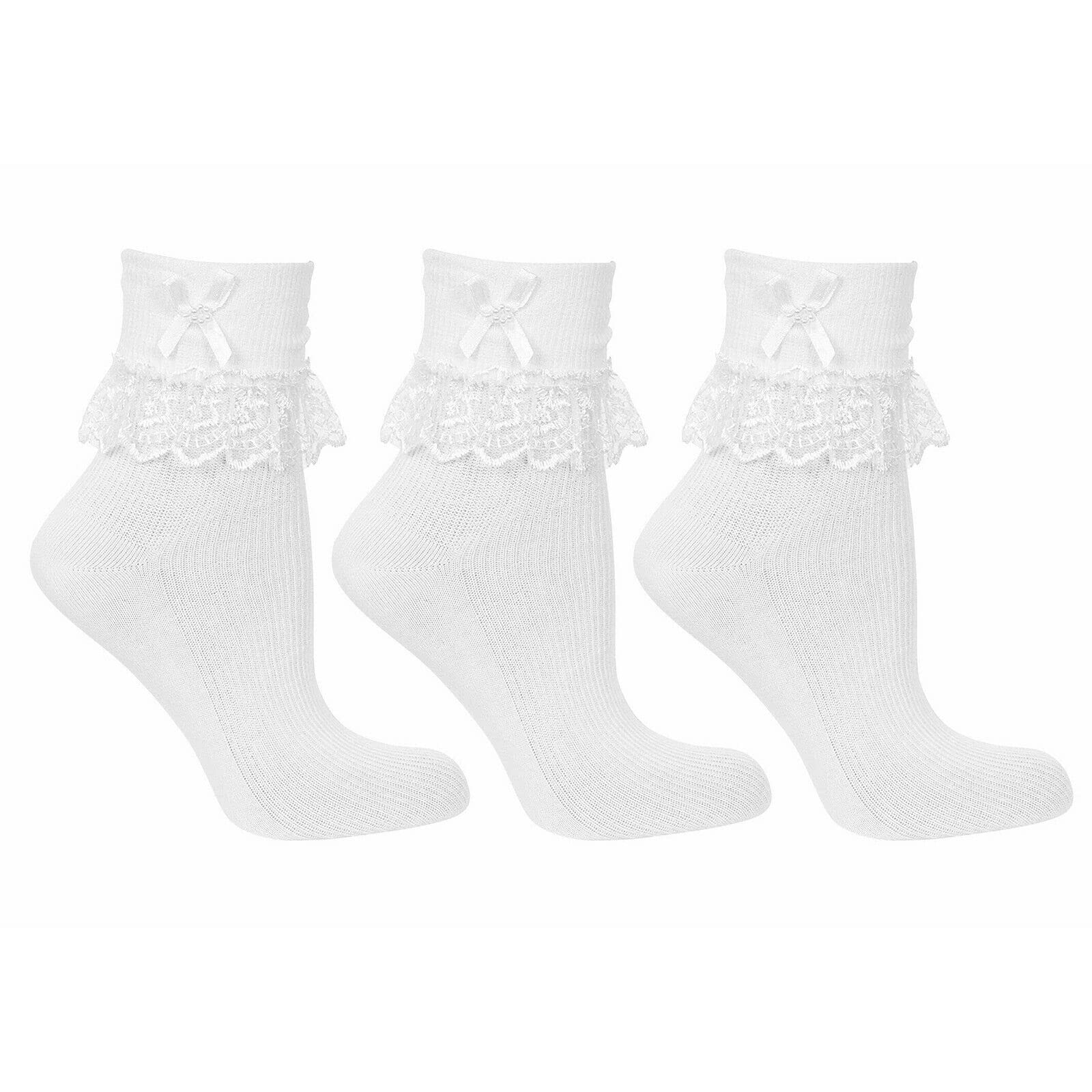 Undercover Girls 3 Pairs - White Lingerie 3 Pairs Jester Frilly Lace Bow Ankle Socks White 9-12