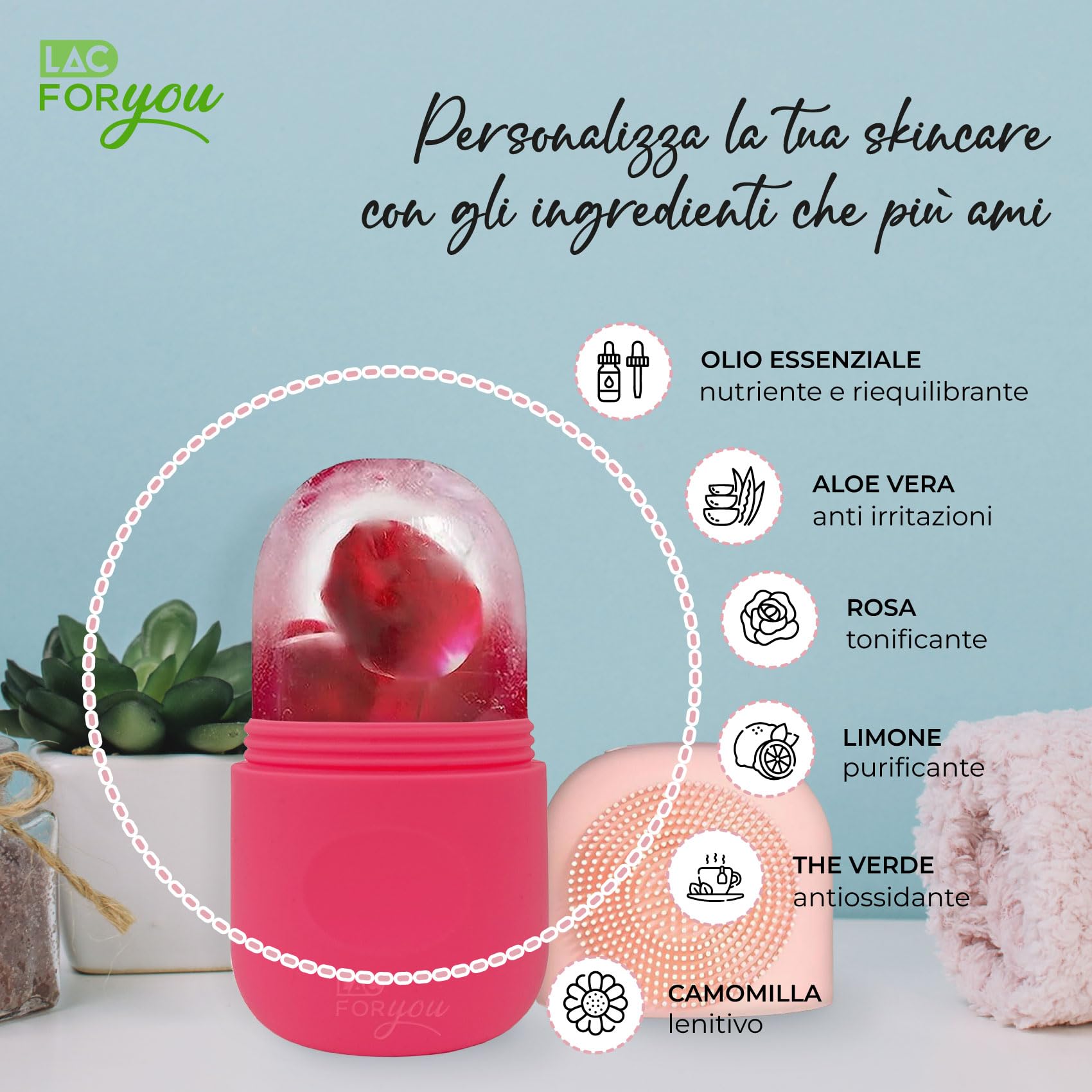 LAC FOR YOU Ice Roller Viso - Rullo Ghiaccio + Spazzola Pulizia Viso - Skincare Accessori per Ridurre il Gonfiore e Restringere i Pori