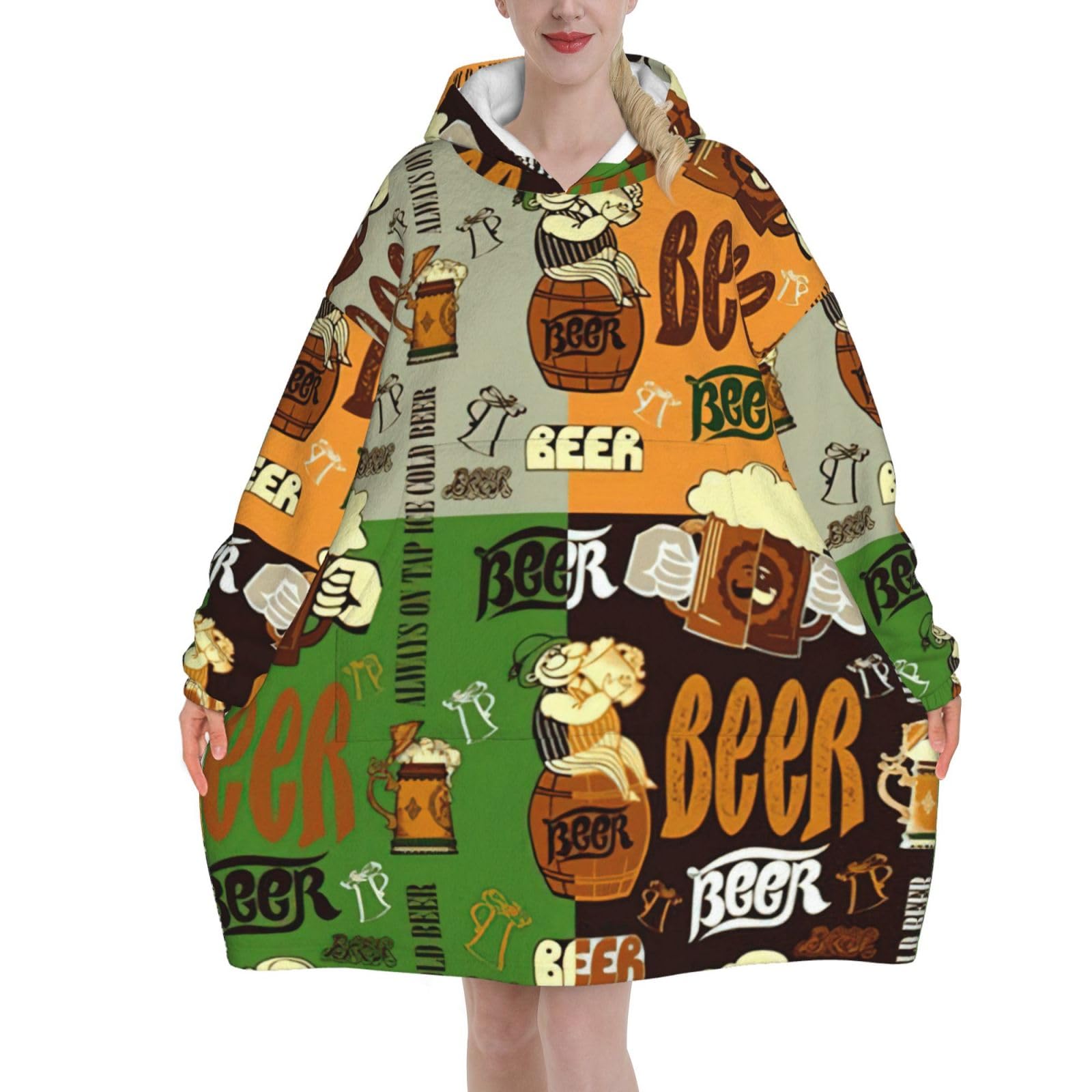 Kapptyy Women's Black Beer Flannel Cozy Loungewear Blanket Hoodie Plush Adult Wear With Kangaroo Pocket For Cold Weather