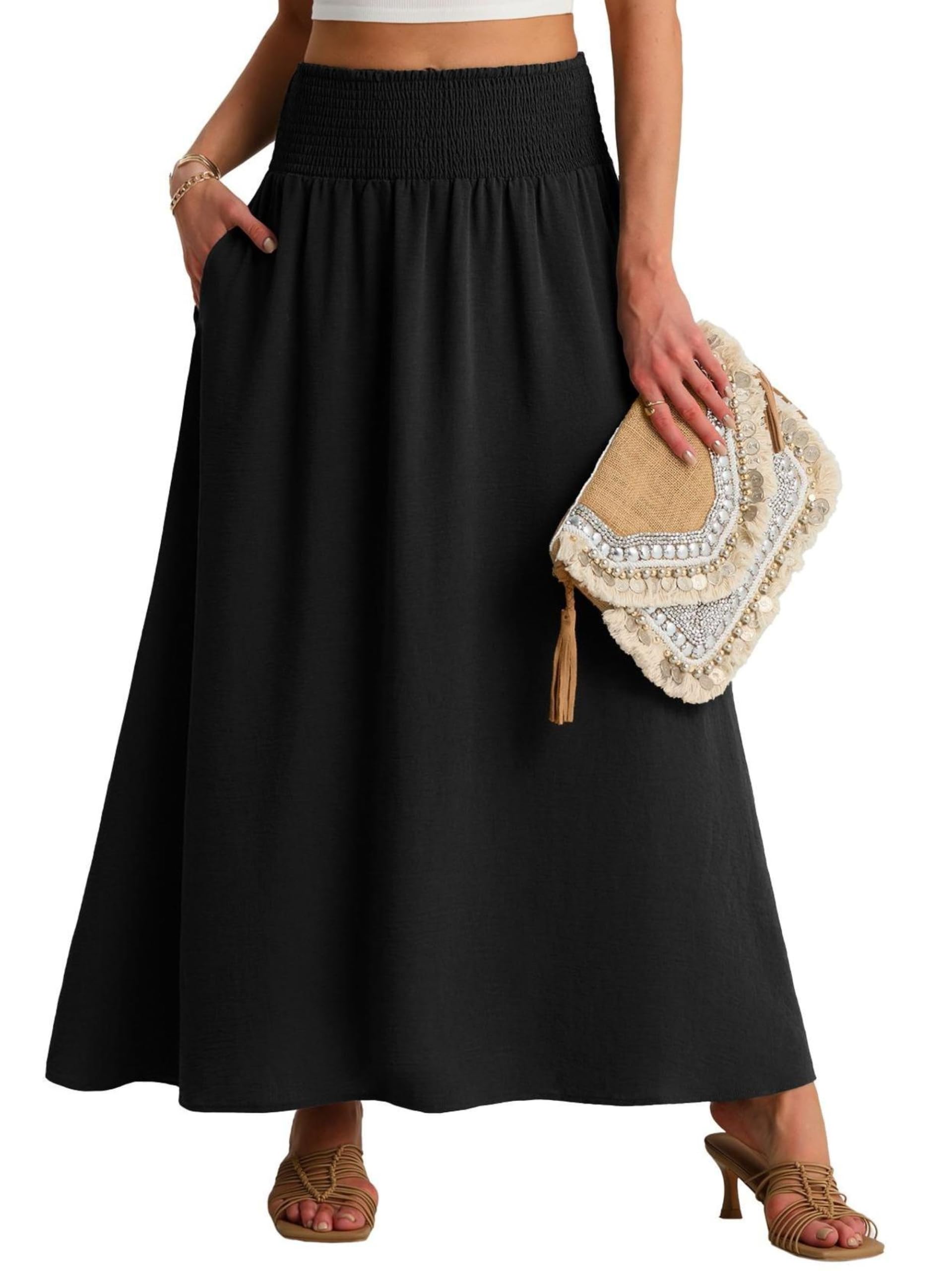 QIXING Damen Sommerrock Lang A-Linie Smocked Hohe Taille Swing Plisseerock mit Taschen Boho Maxirock