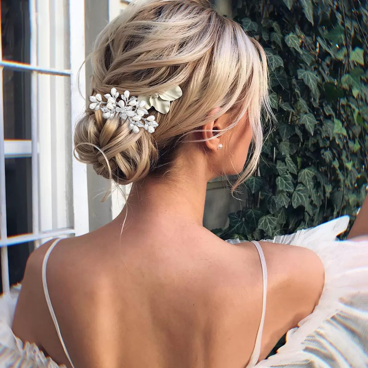 2PCS Bride Wedding Bridal Hairpin Comb,Pearl Butterfly Leaves Hair Pins Accessories,Vintage Golden Leaf Hairpin,Bridal Hair Clips for Women and Girls (Gold+Silver) - Image 4