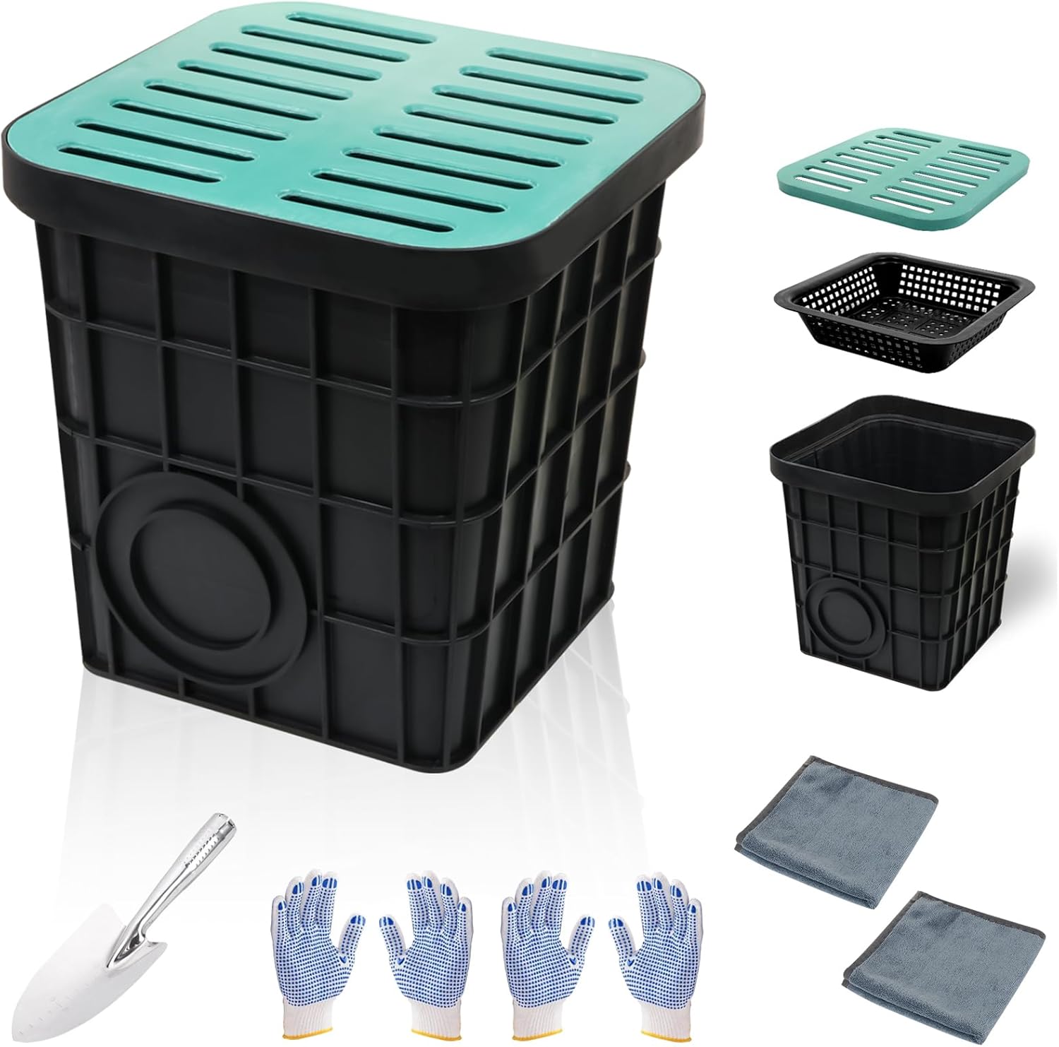 Catch Basin for Drainage 16x16x16.5 Inch Large Drainage Basin with Grate & Debris Basket, French Drain Kit Without Reserved Hole for Yard, Downspout, Lawn, Municipal Pipeline