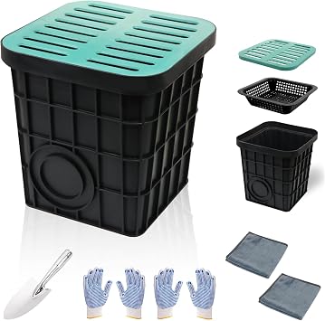 Square Catch Basin Kit 16x16x16.5" Drainage Basin with Grate& Debris Basket | Durable PE Resin, Removable with DIY Drill Holes for French Drain, Gutter, Downspout, Yard, Lawn & Patio, with Accessories