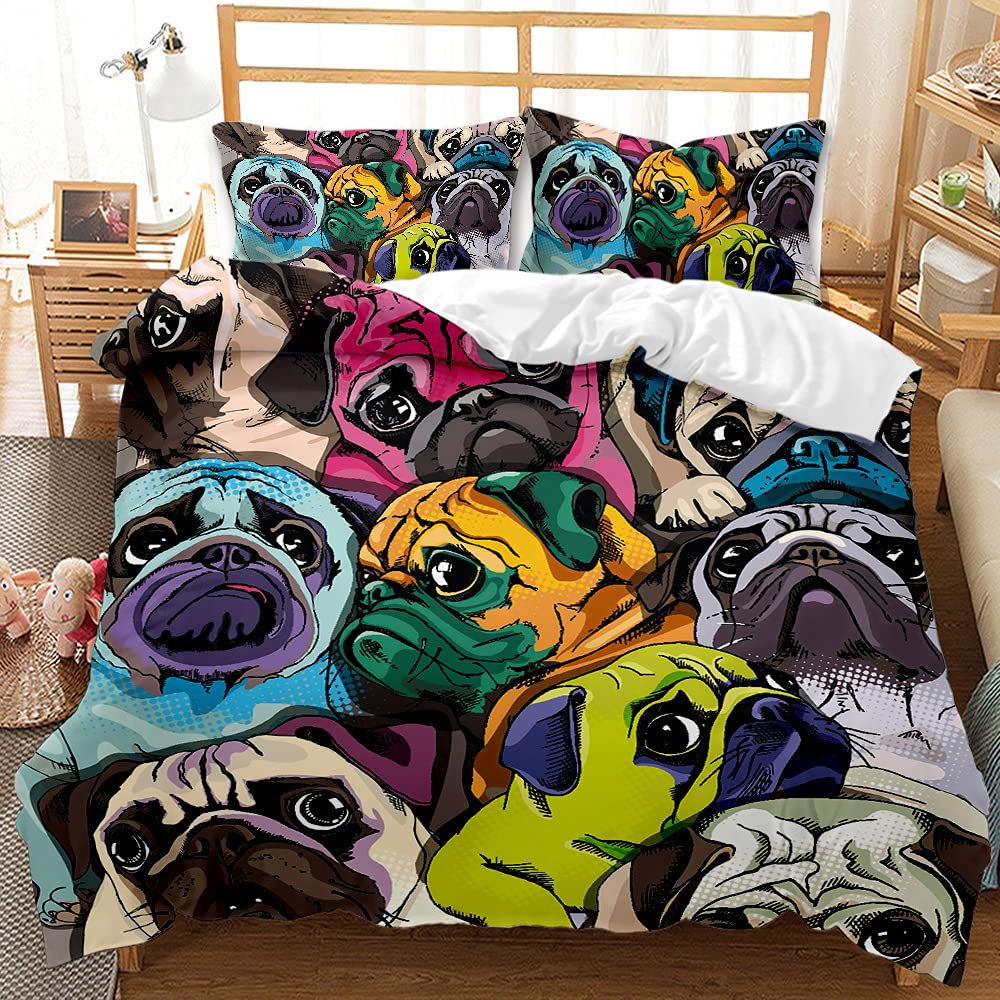 Fansu Women's Multicolor Pug 3D Bedding Set Microfiber Duvet Cover Set With Puppy Printed Quilt Case Pillow Case For Single Double King Bed (,135X200cm)