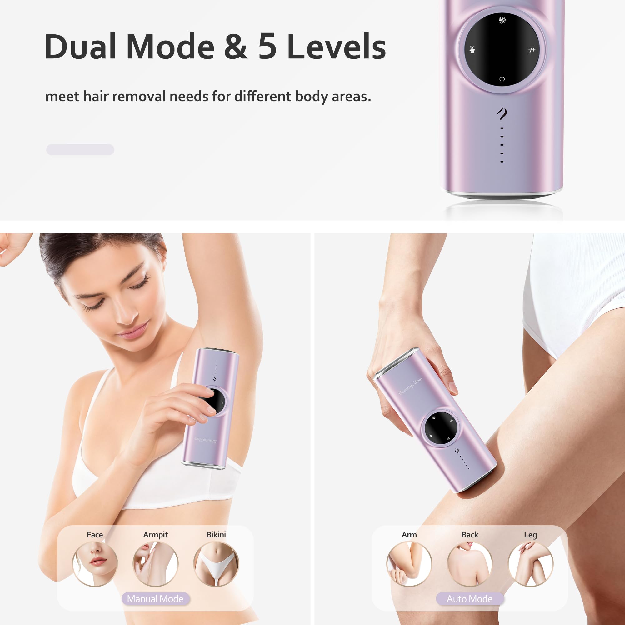 BeautyGlow Dispositivo di depilazione IPL con raffreddamento a ghiaccio zaffiro, 5 livelli regolabili, depilazione permanente senza dolore per viso corpo linea bikini adatto per pelli sensibili