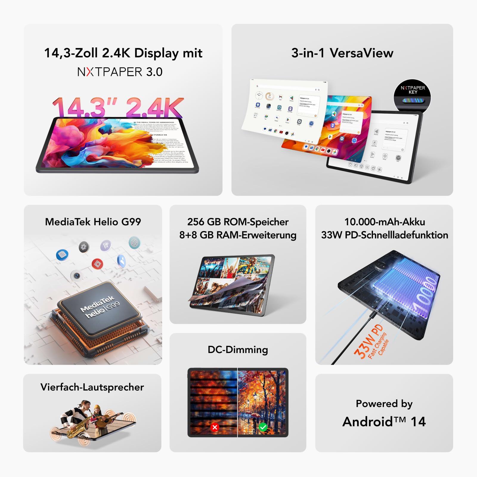 TCL NXTPAPER 14 Tablet mit Flipcase und T-Pen, 14,3" 2.4K NXTPAPER Display, 256GB Speicher, 8GB RAM (+8GB RAM-Erweiterung), 10.000mAh Akku, 33W PD Schnellladen, Android WiFi Tablet, Grau