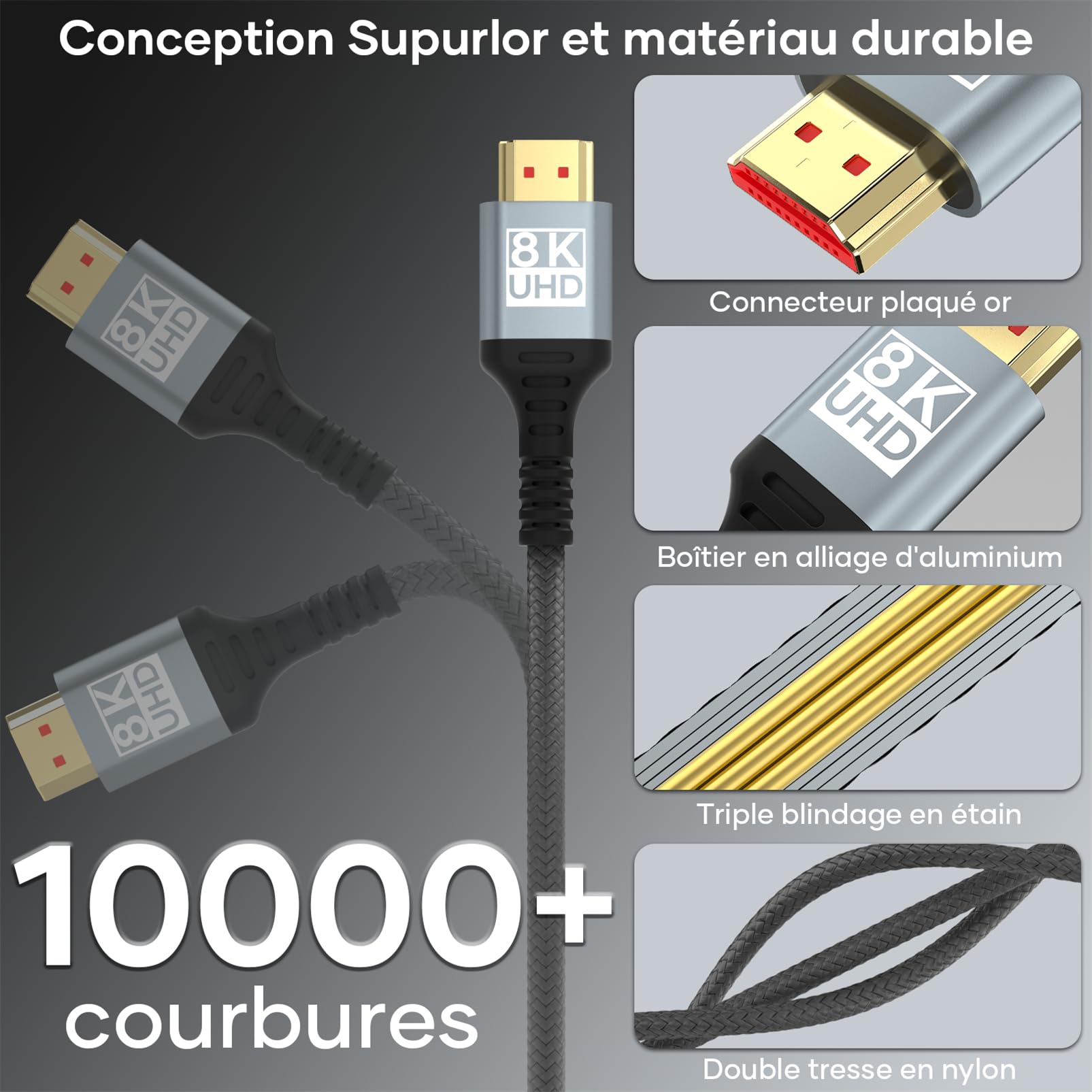 Câble HDMI 2.1 5Mètres 10K 8K Ultra Haute Vitesse 4K@120Hz HDR10 eARC HDCP 2.2 & 2.3 Compatible PS5 X-Box HDTV