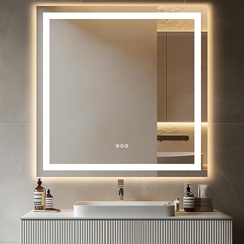 Espejo de baño LED de 36 x 36 pulgadas con regulador continuo, espejos de pared con retroiluminación con espejo digital de baño antivaho para pared, disponible en Yaxa Colombia