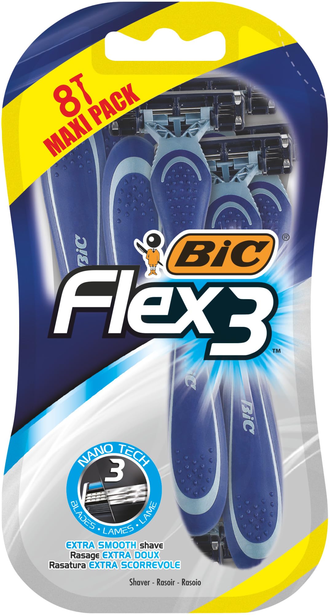 Bic Flex 3 Comfort męskie maszynki do golenia – 8 sztuk – z trzema ruchomymi ostrzami i paskami smarującymi dla wyjątkowo gładkiego golenia