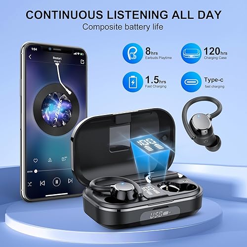 Miniatura 2 de Auriculares inalámbricos Bluetooth 120 horas de tiempo de reproducción, auriculares inalámbricos estéreo de alta fidelidad con micrófono HD, graves
