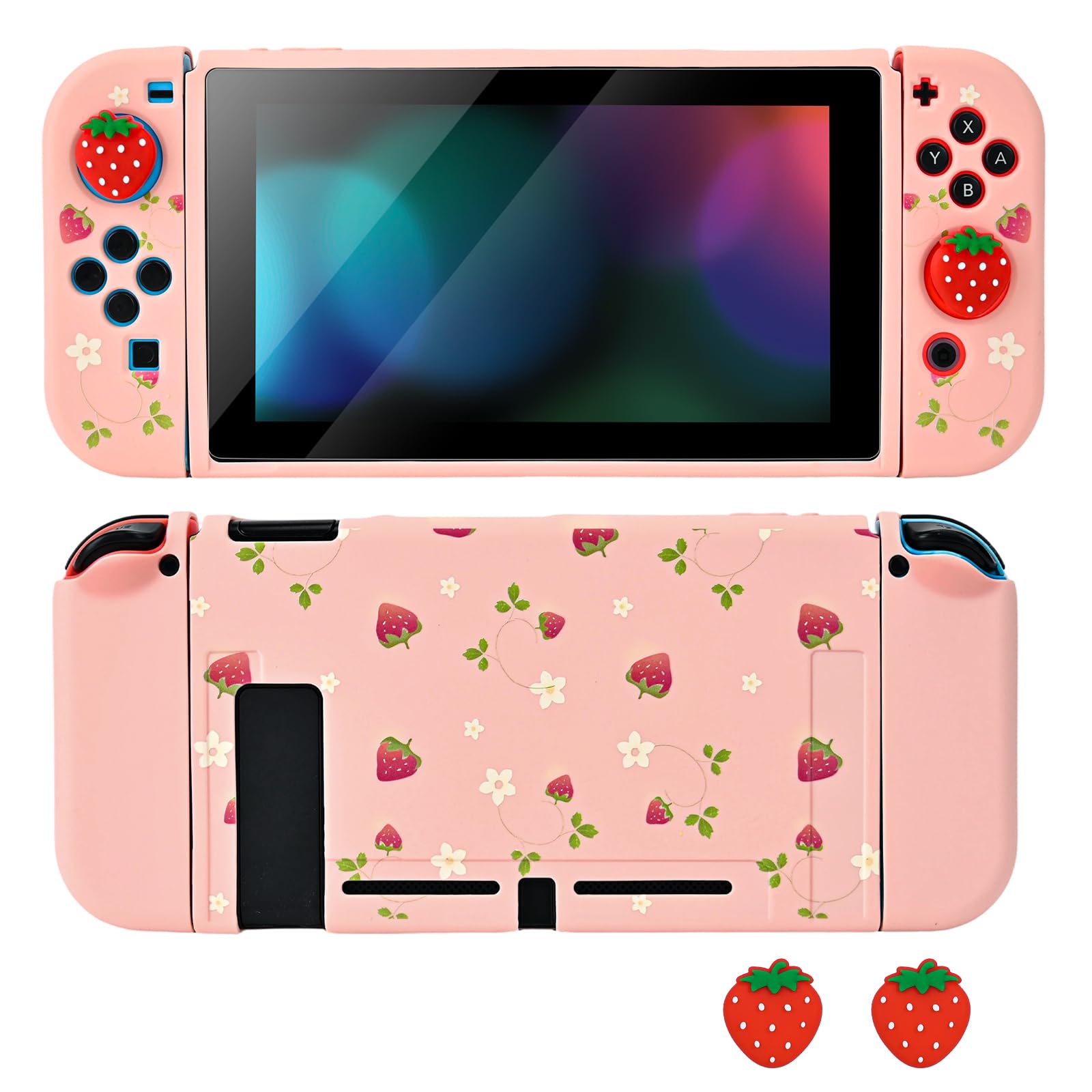 DLseego Schutzhülle für Switch,Weiches Silikon Erdbeer Motiv Switch Hülle Abnehmbare,Kratz-und Stoßfeste Hülle mit 2 Griffabdeckung und 2 Daumengriffen,Erdbeerblüte