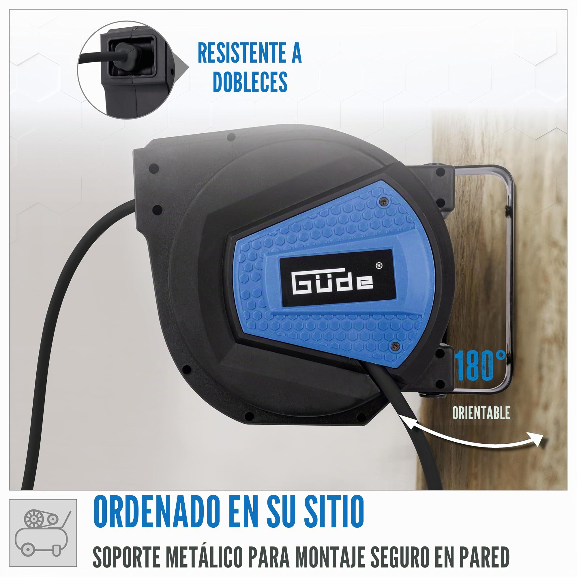 Güde Carrete de manguera automático de 10 m (presión de trabajo 12 bar, giratorio 180°, manguera de aire comprimido altamente flexible resistente al aceite y a la temperatura, rosca de conexión de