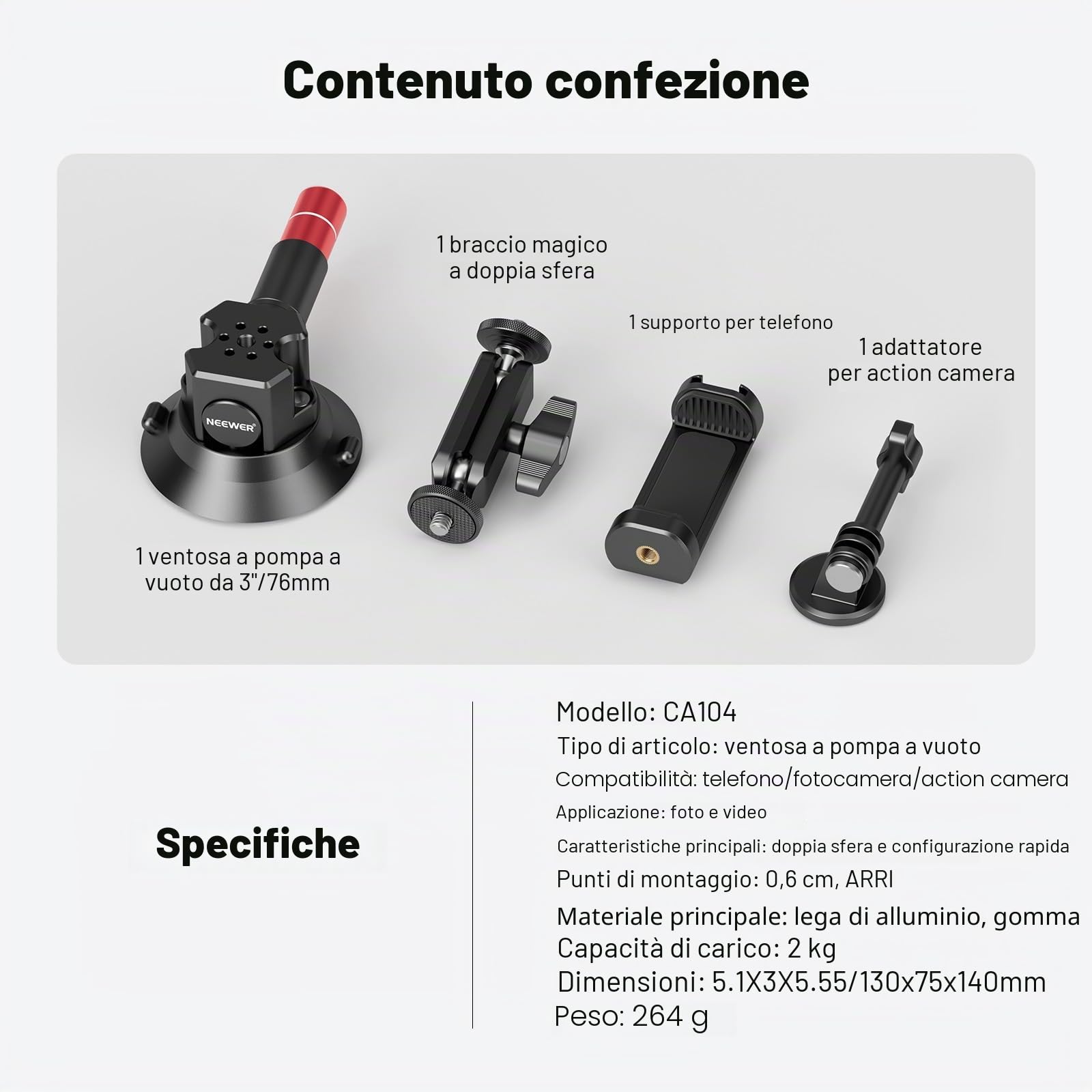 NEEWER Supporto Fotocamera a Ventosa da 3"+Magic Arm con Testa Sfera, Fori per ARRI 1/4", Supporto Auto con Porta Telefono e Adattatore Action Camera Compatibile con iPhone GoPro DJI Insta360, CA104