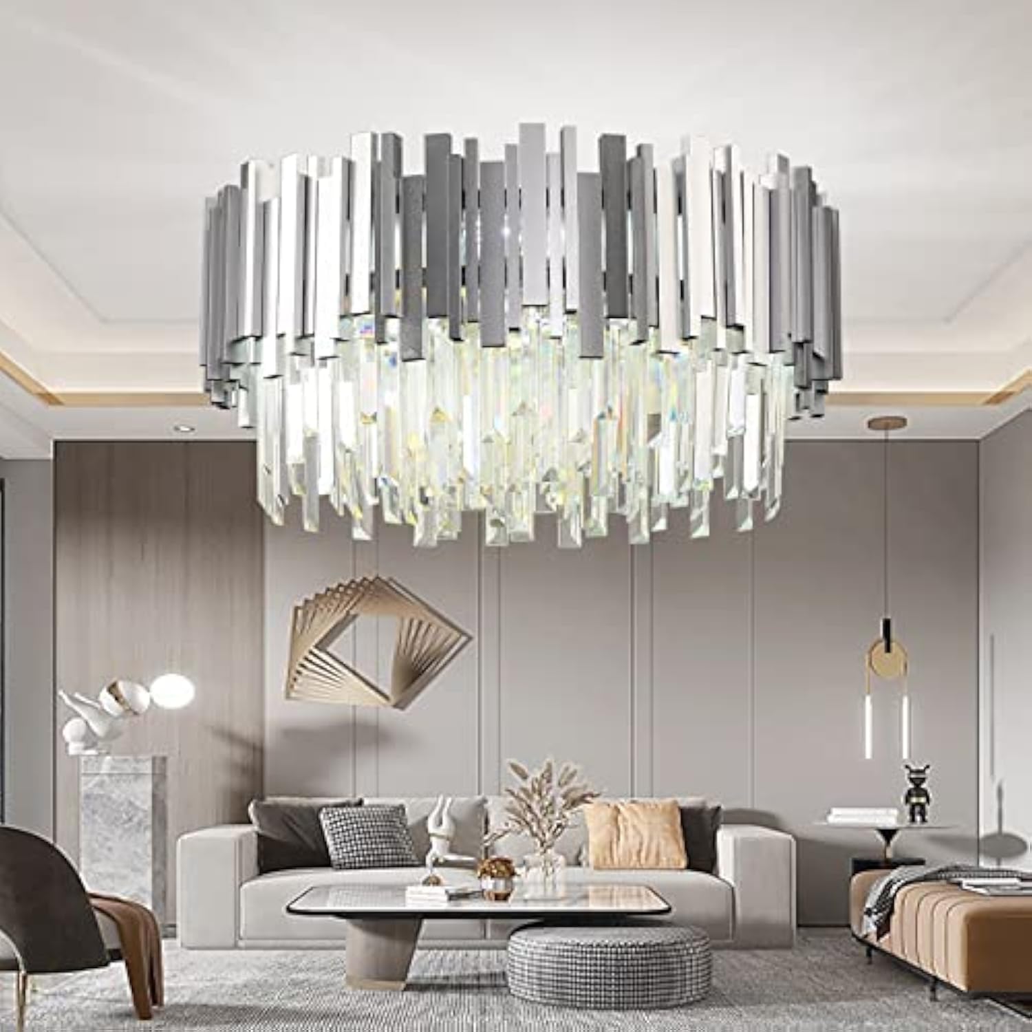 Modern crystal chandelier, crystal ceiling light silver, 9xE14 lights for dining room, kitchen, living room, bedroom, hallway, cafe, bar