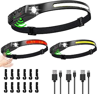 FZH Rechargeable Headlamp Flashlight Super Bright 230°Wide Beam & Spotlight LED Head Lamp Lightweight Adults Waterproof Headlamps with Motion Sensor 6 Modes for Outdoor Running, Camping, Hiking