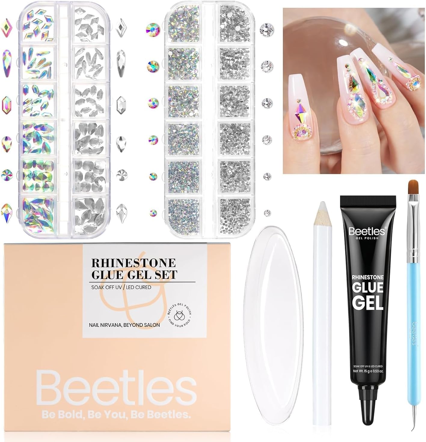 Nail Glue with Nail Gems Set, 15ml Nail Rhinestone Glue &120+2000Pcs Crystal Glass AB Rhinestones For Nails art, Nail Gems with Double-Ended Clean Up Nail Brush Gifts for Girls