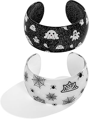 WOWORAMA 2pcs Acrylic Halloween Bracelet Set for Women Chunky Resin Acrylic Cuff Bangles Glitter Ghost Spider Pumpkin Bracelet Goth Halloween Jewelry