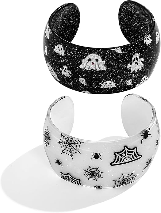 WOWORAMA 2pcs Acrylic Halloween Bracelet Set for Women Chunky Resin Acrylic Cuff Bangles Glitter Ghost Spider Pumpkin Bracelet Goth Halloween Jewelry