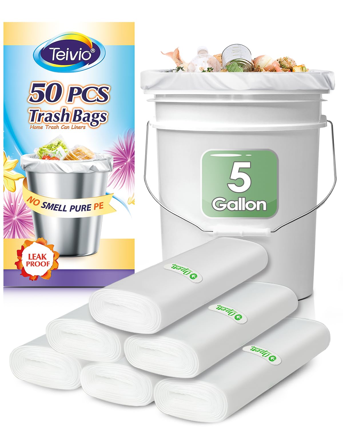 5 Gallon 50 Counts Strong Trash Bags Garbage Bags by Teivio, Bathroom Trash Can Bin Liners, Plastic Bags for home office kitchen, Clear