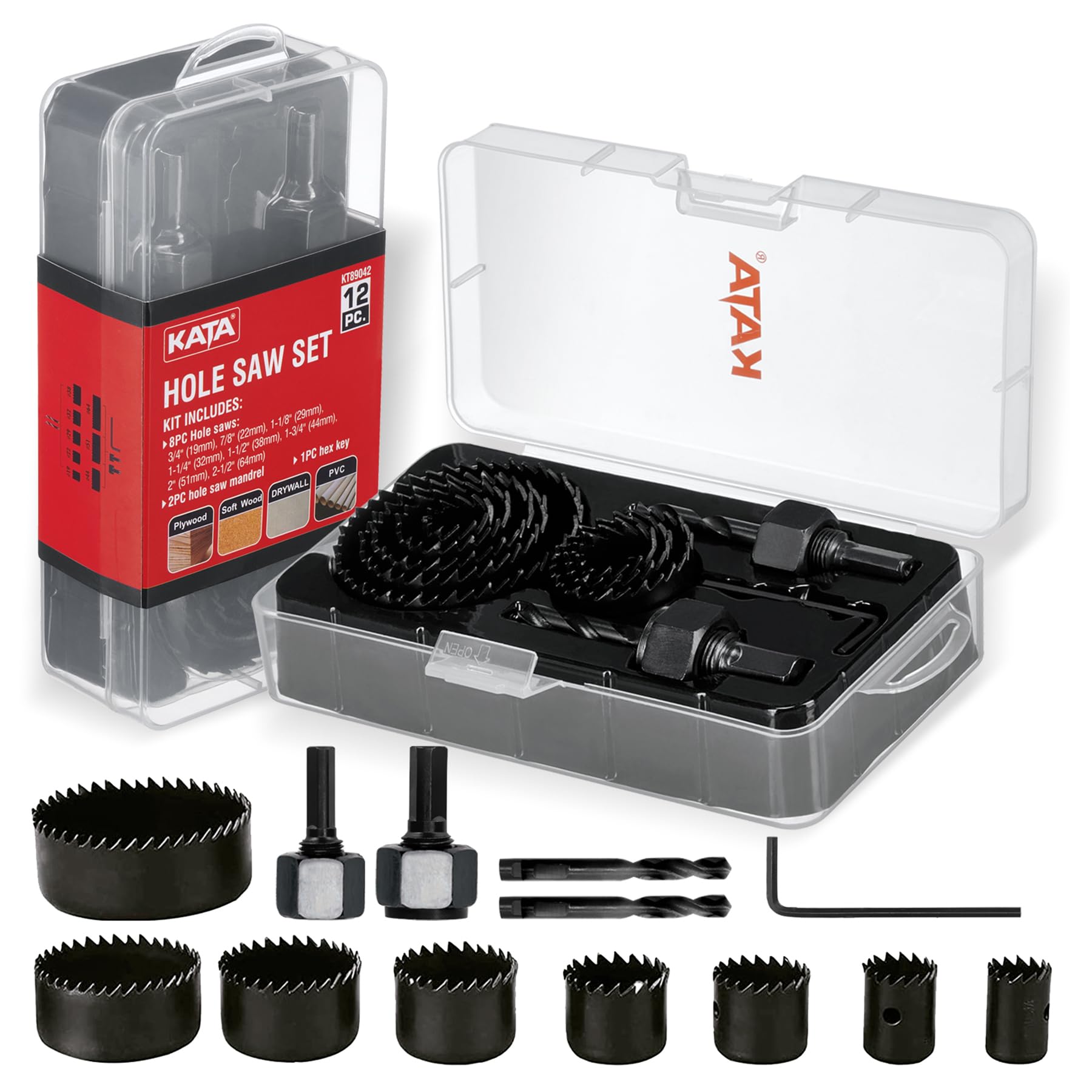 KATA 12PCS Hole Saw Kit 3/4"-2-1/2" (19-64mm) Hole Saw Set with Mandrels Hex Key, Ideal for Soft Wood, PVC Board, Plywood, Drywall Drilling