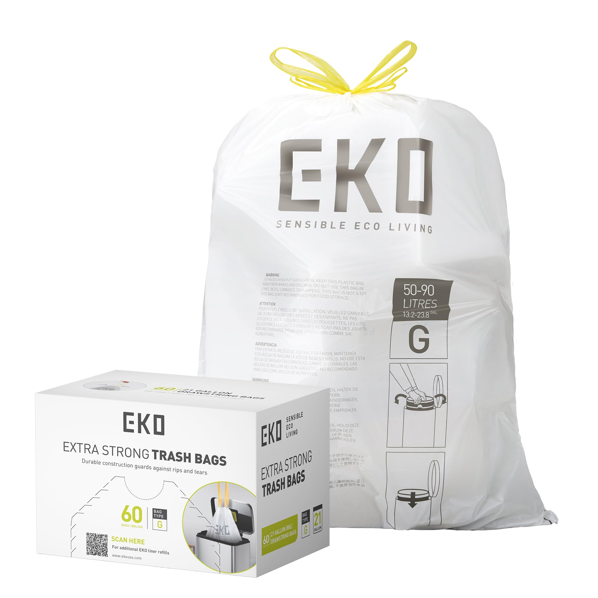EKO reißfest Müllbeutel mit Zugband, 80 Liter Müllsäcke, 60 Beuteln, extra starken, Auslaufsichere und geruchsdichte Mülltüten mit sicherem Halt am Mülleimer, Schnellzugriffsbox, weiß, Größe G
