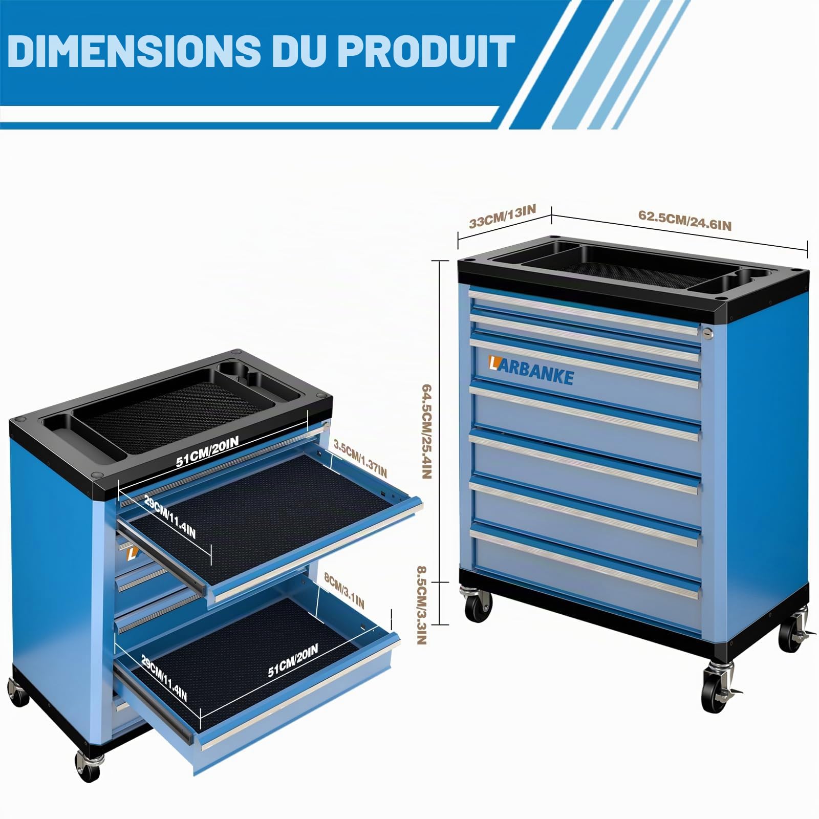 LARBANKE Chariot d'atelier Metallique,7 Tiroirs Armoires à Outils,Verrouillable Chariot,4 Roulette,Tapis antidérapants,avec Tige de Connexion,Peut être relié au Meuble à 5 tiroirs Servante d’Atelier
