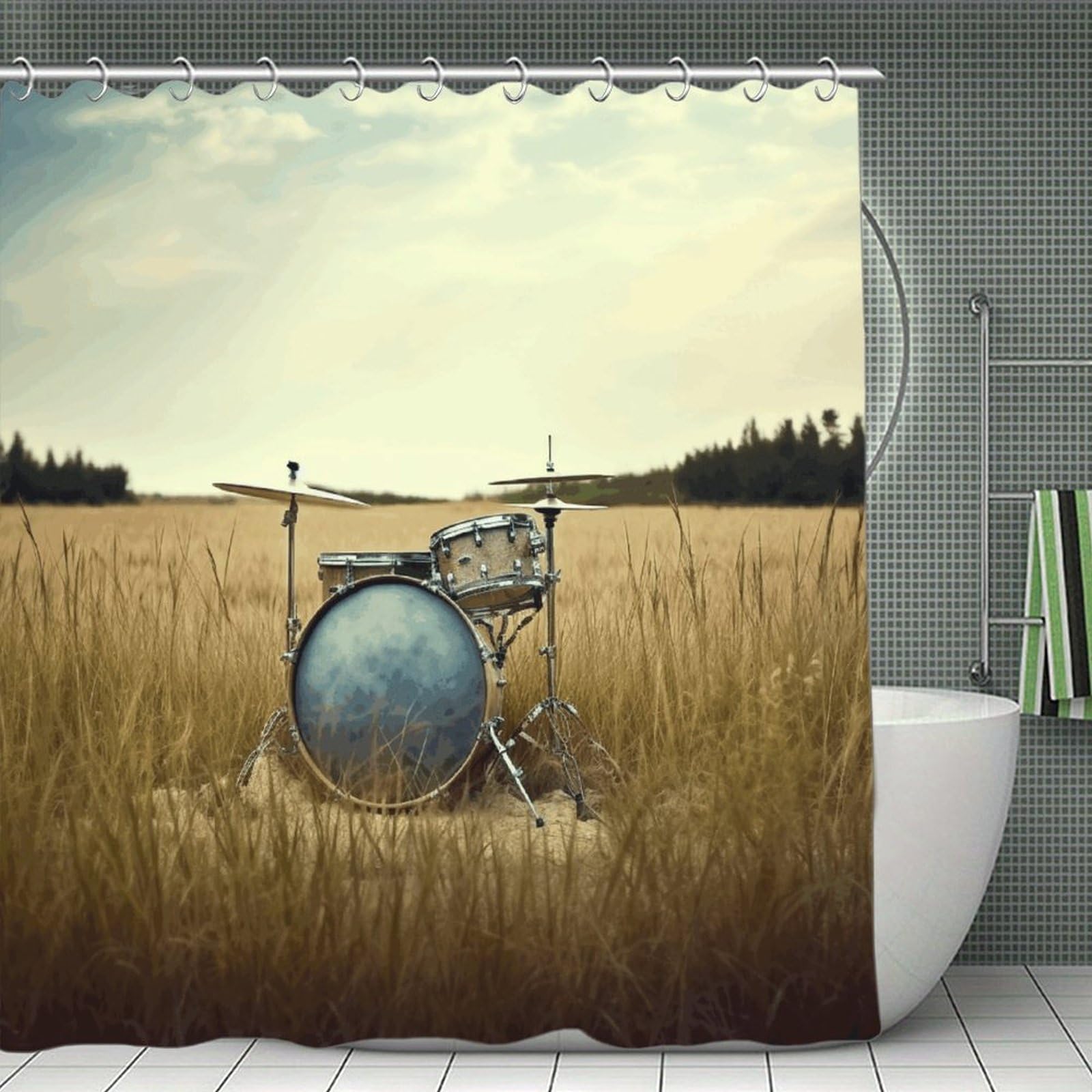 VstaDank Music Drum in Field Shower Curtain Waterproof Bathroom Curtain with Hooks Luxury Weighted Bath Curtains for Bathtubs Showers Room Dividers Decorative Shower Curtains 71x71 in