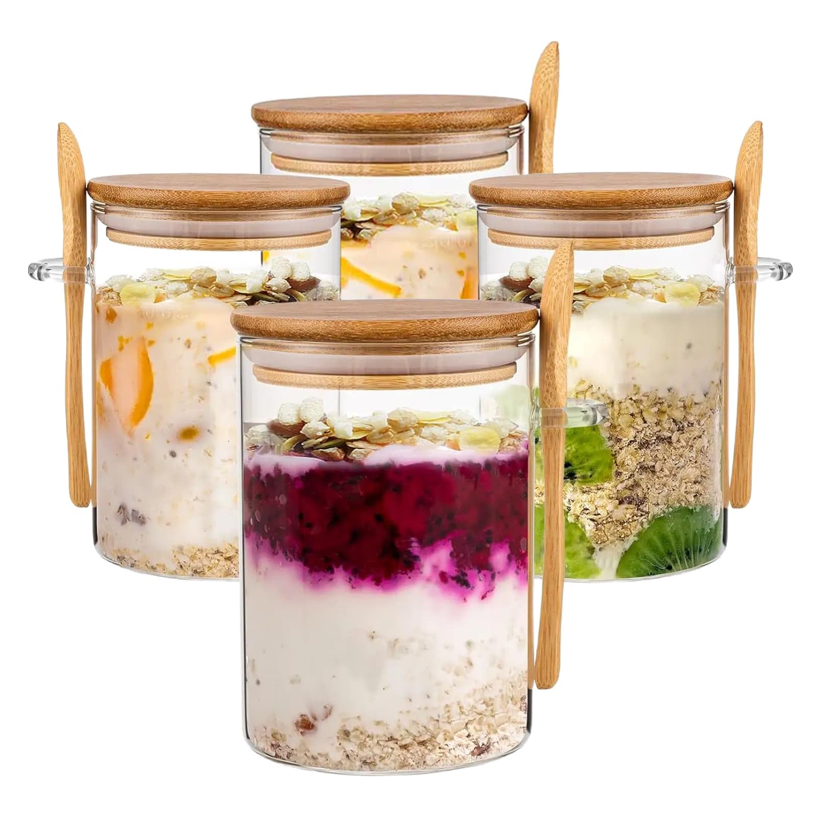 Eidoct Transparent 4-Pack Overnight Oats Containers With Wooden Lids And Spoon, 16 Oz Overnight Oats Jars, Glass Food Storage Container For Oatmeal, Chia Pudding, Yogurt, Salad, Cereal