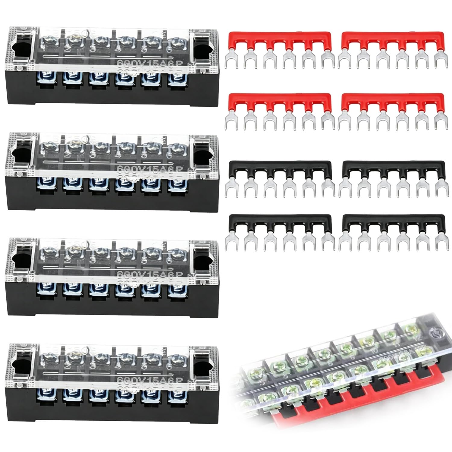 端子台 12個入り 600V 15A 組端子台 2列型 極数6 2色絶縁圧着端子セット付属 取り付け簡単 頑丈で耐久性に優れる (Bタイプ)
