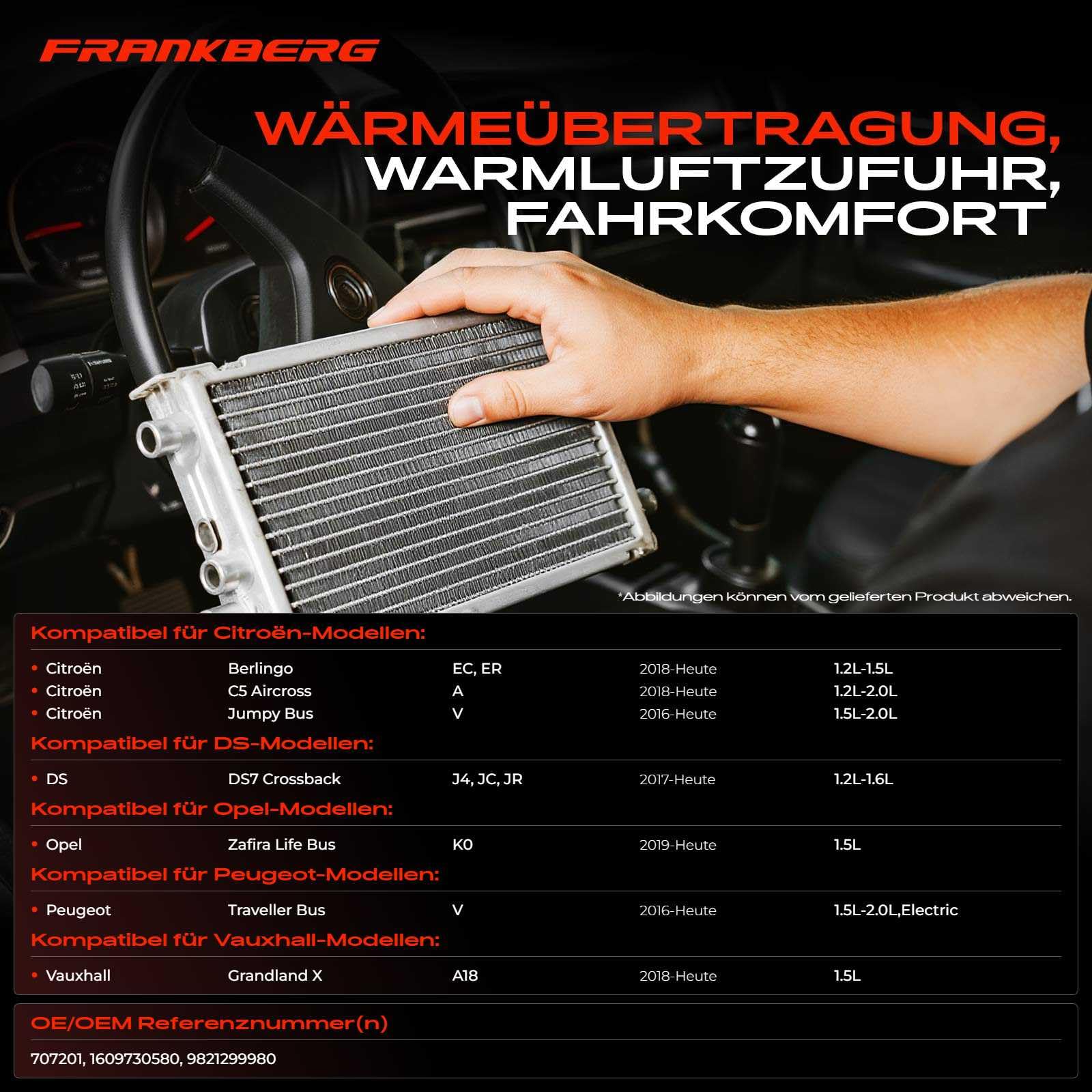 Frankberg Wärmetauscher Innenraumheizung Kompatibel mit Berlingo EC ER 1.2L-1.5L Benzin 2018-2024 C4 Spacetourer 3D 1.6L-2.0L Diesel 2018-2024 Replace# 707201