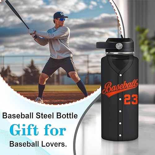 Vista 90 de Hyturtle Botella de agua de béisbol personalizada, botella de acero inoxidable aislada de viaje con tapa a prueba de fugas, 18 onzas, 32 onzas