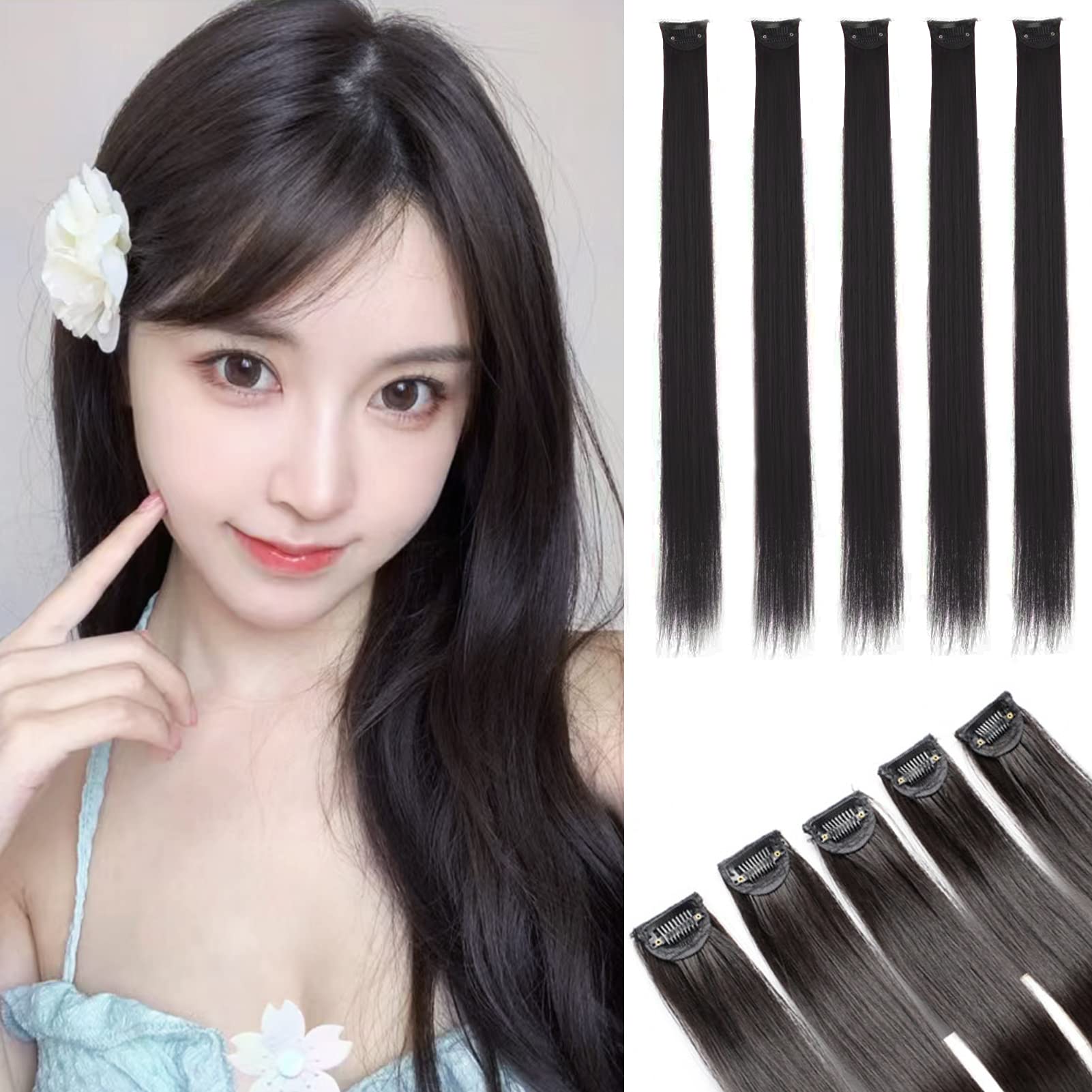 Fuyunohi ワンタッチエクステ ロング 50cm エクステ ストレート 5枚セット 髪伸ばす 部分エクステ つけ毛 hair extension エクステ ワンタッチ クリップ付き 耐熱 かつら ウィッグ 日常 ファッション ビューティー 女性