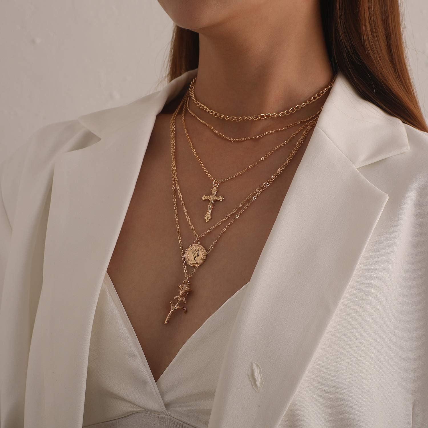 Cross Charm Coin Medallion Layered Multi Strand Choker Necklace Two Colors For Women Statement Vintage Y2K Gold Color Silver Color Adjustable - Image 2