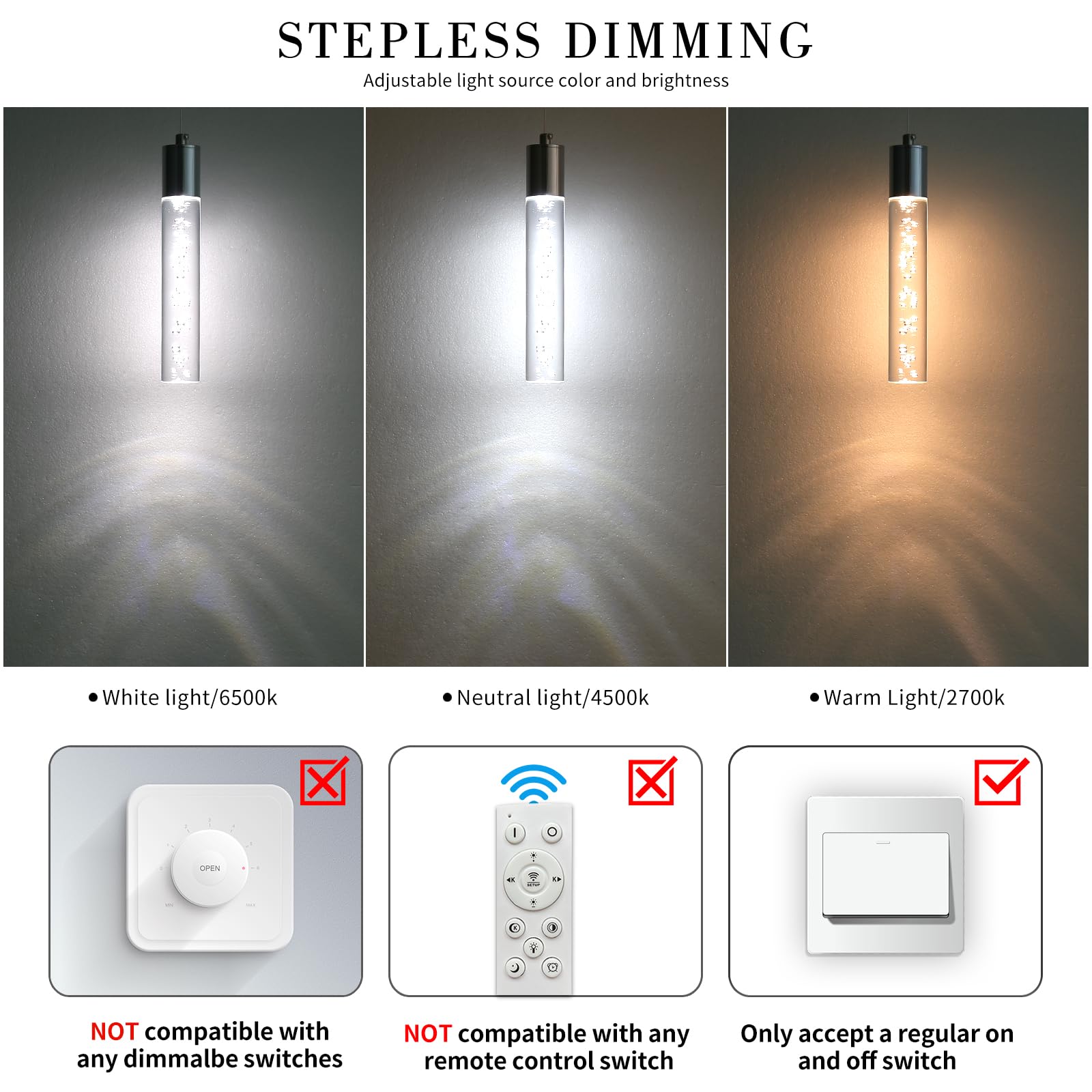 Mikeru Cylindrical Chrome Pendant Light, 3 Color Temperature 3000k/4500k/6500k Kitchen Island Pendant Light - Image 3