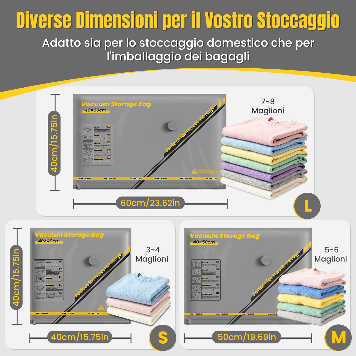 Sacchetti Sottovuoto da Viaggio Con Pompa Senza Fili, 15 Pezzi Buste Sottovuoto Vestiti Riutilizzabili (5*40x40cm, 5*40x50cm, 5*40x60cm), Sacchetti Sottovuoto Vestiti per Deposito Domestico e Viaggio