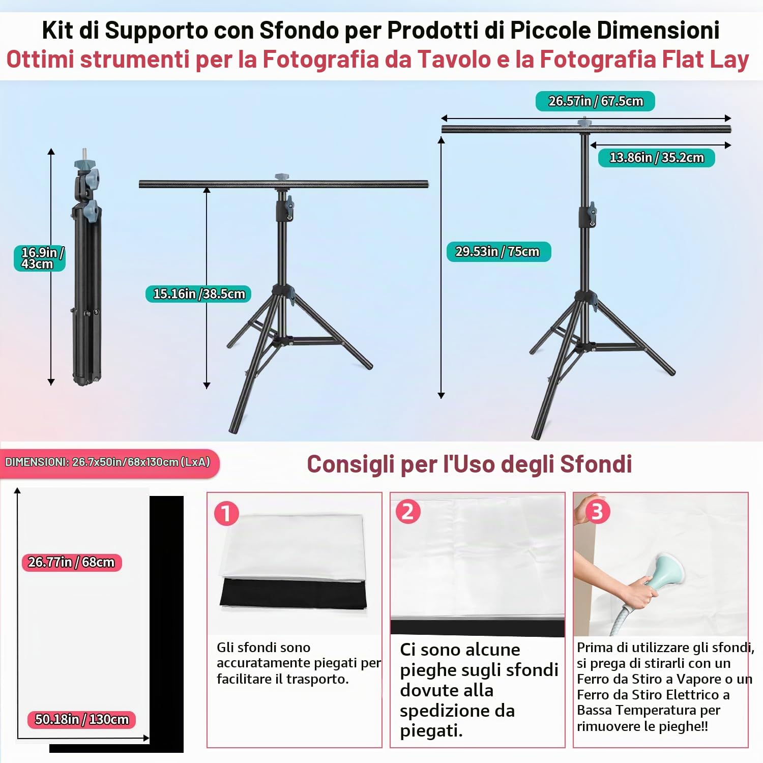 Kit di fondali fotografici con supporto, sfondo fotografico, 68,1 x 127 cm, sfondo bianco nero con supporto a T piccolo da 66 x 73,7 cm, supporto fotografico da tavolo per gioielli e cosmetici