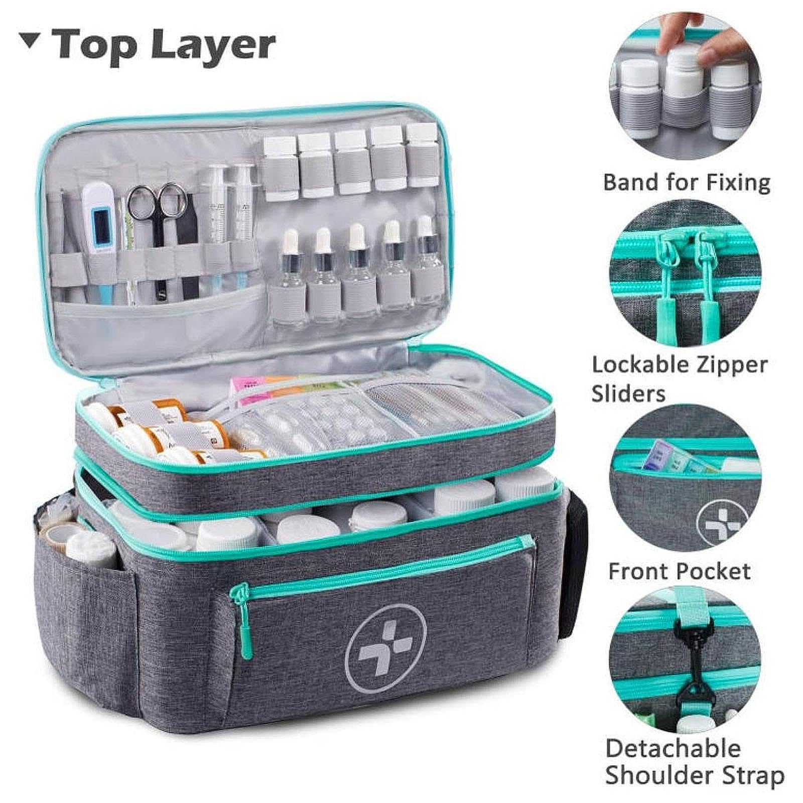 Trousse de Secours Vide Pochette D'Urgence Sac Rangement Transport Médicaments Polyester Poignée Détachable Adaptée Maison Cadeau, Gris