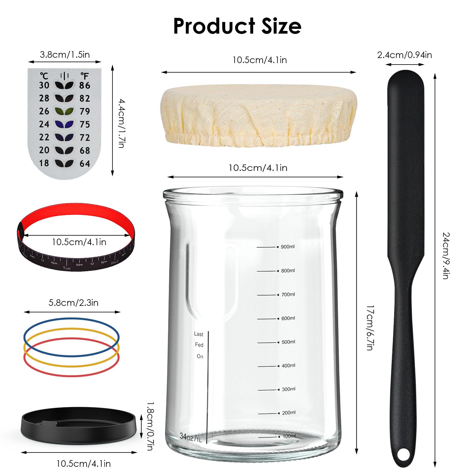 Barattolo per Lievito Madre, 1000ml Starter kit di lievito naturale Riutilizzabili, Contenitore per lievito madre, Kit Completo con Contenitore e Termometro per Panificazione Casa