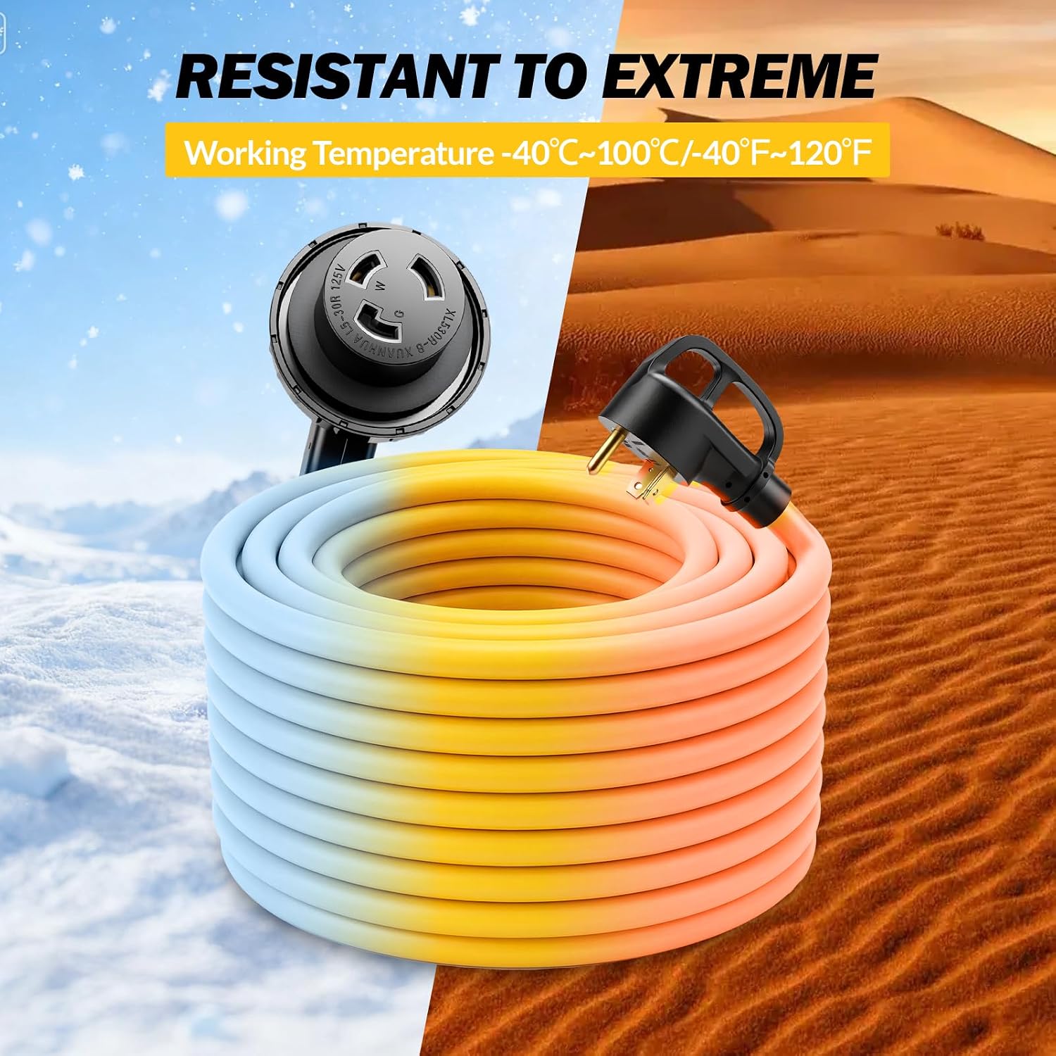25-Ft 30 Amp RV Extension Cord w/90° Locking End - Rated for 125V / 3,750W - Features Threaded Locking Ring for Weatherproof Connection & 10-Gauge Copper Wire