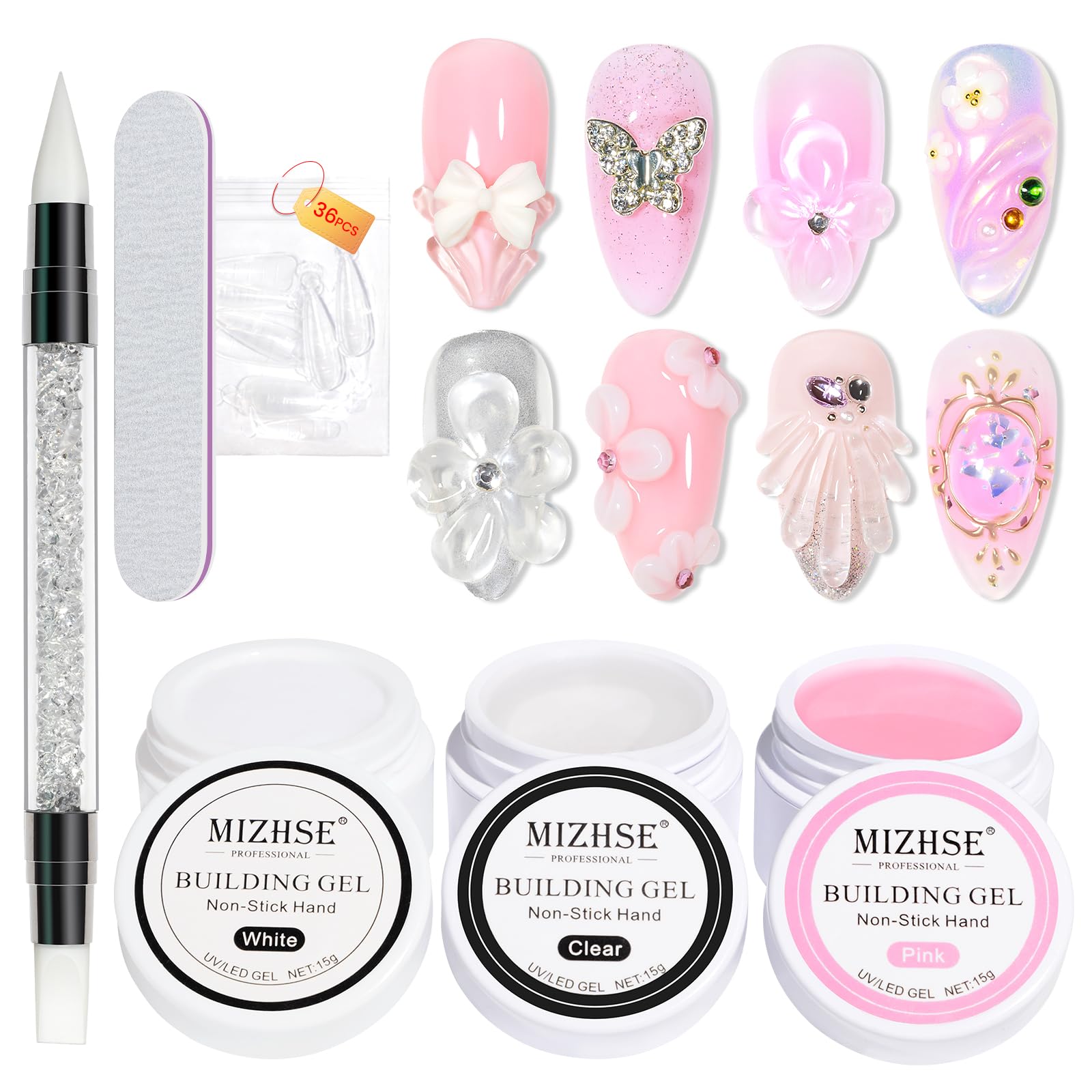 MIZHSE Solid Builder Gel for nails, 3 Colors Sculpting Gel for Nails, Clear White Pink Non-Sticky Hand 3D Nail Art Building Carving Modeling Hard Nail Extension Manicure Salon Home DIY Gift