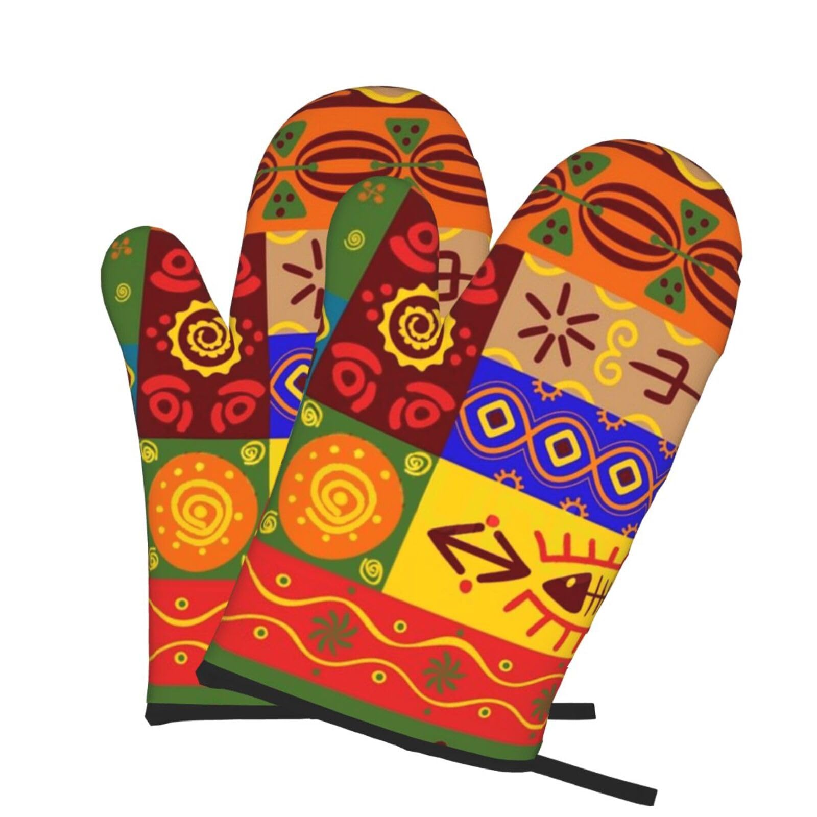 Oven Mitts Set of 2 Pcs, African National Patterns Prints Heat Resistant Kitchen Gloves for Cooking Baking Grilling
