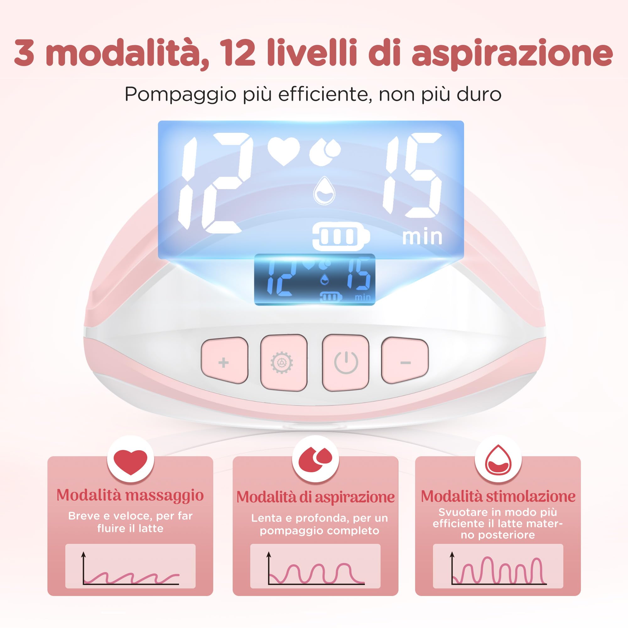 Tiralatte Elettrico Indossabile Portatile, Senza Fili e Silenzioso, Design Discreto Anti-Perdita, Senza BPA,3 Modalità e 12 Livelli, 2 Pezzi per Casa e Viaggio