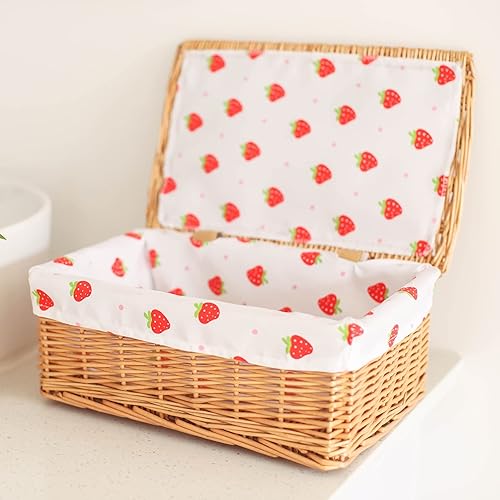 Miniatura 4 de CINWEN Cestas de almacenamiento de ratán con tapa Cesta de mimbre tejida a mano Cesta de almacenamiento de regalo rectangular con forro de tela