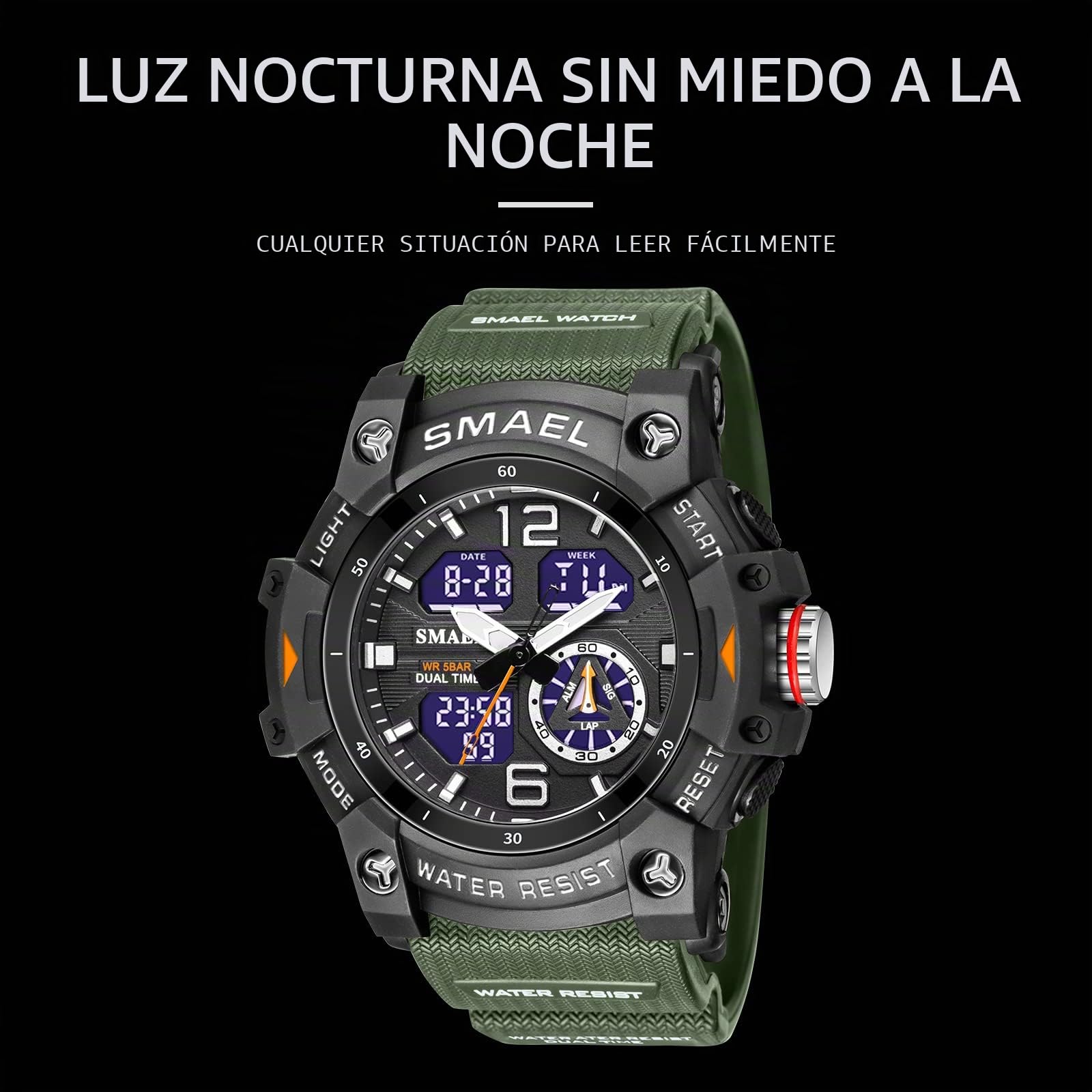 SMAEL 8007 - Reloj deportivo digital para hombre, reloj de pulsera con movimiento dual de cuarzo (verde militar), Verde militar.